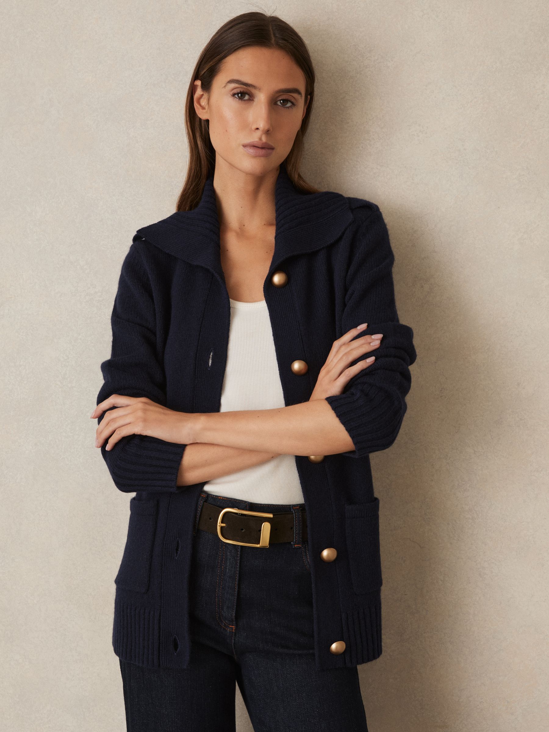 Wool-Cashmere Spread Collar Cardigan in Navy - Image 1 of 7 Wool-Cashmere Spread Collar Cardigan in Navy - Image 1 of 7