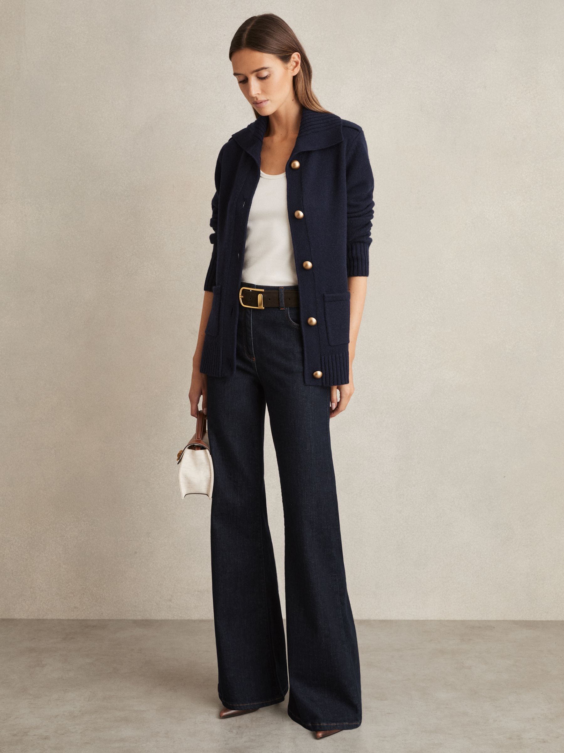 Wool-Cashmere Spread Collar Cardigan in Navy - Image 3 of 7