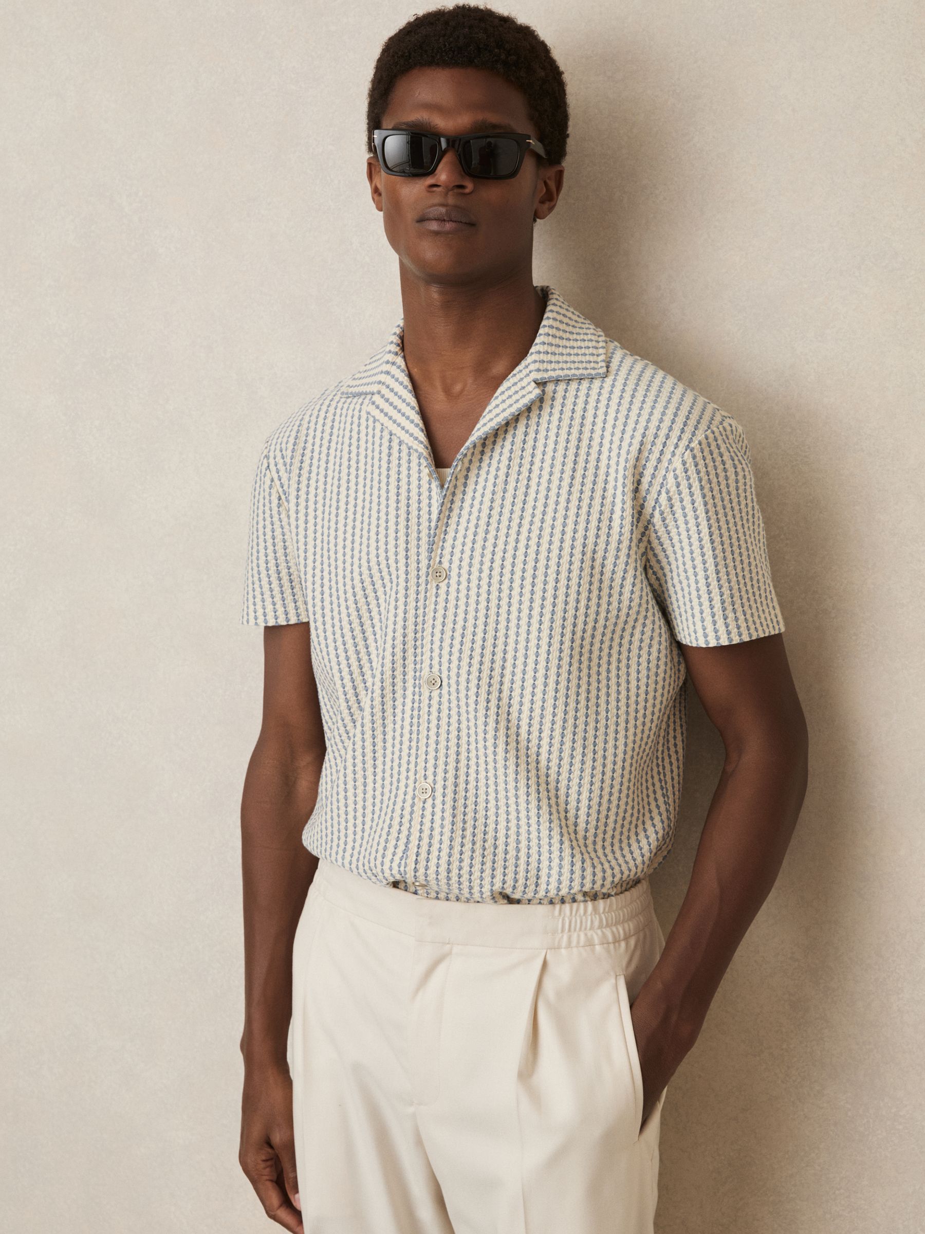 Textured-Stripe Cuban-Collar Shirt in White/Soft Blue - Image 1 of 6