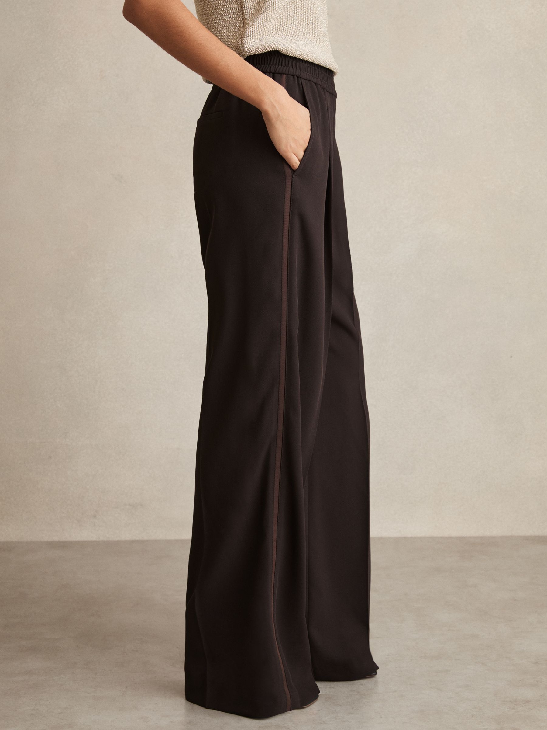 Petite Elasticated Side Stripe Wide Leg Trousers in Chocolate Brown - Image 3 of 7