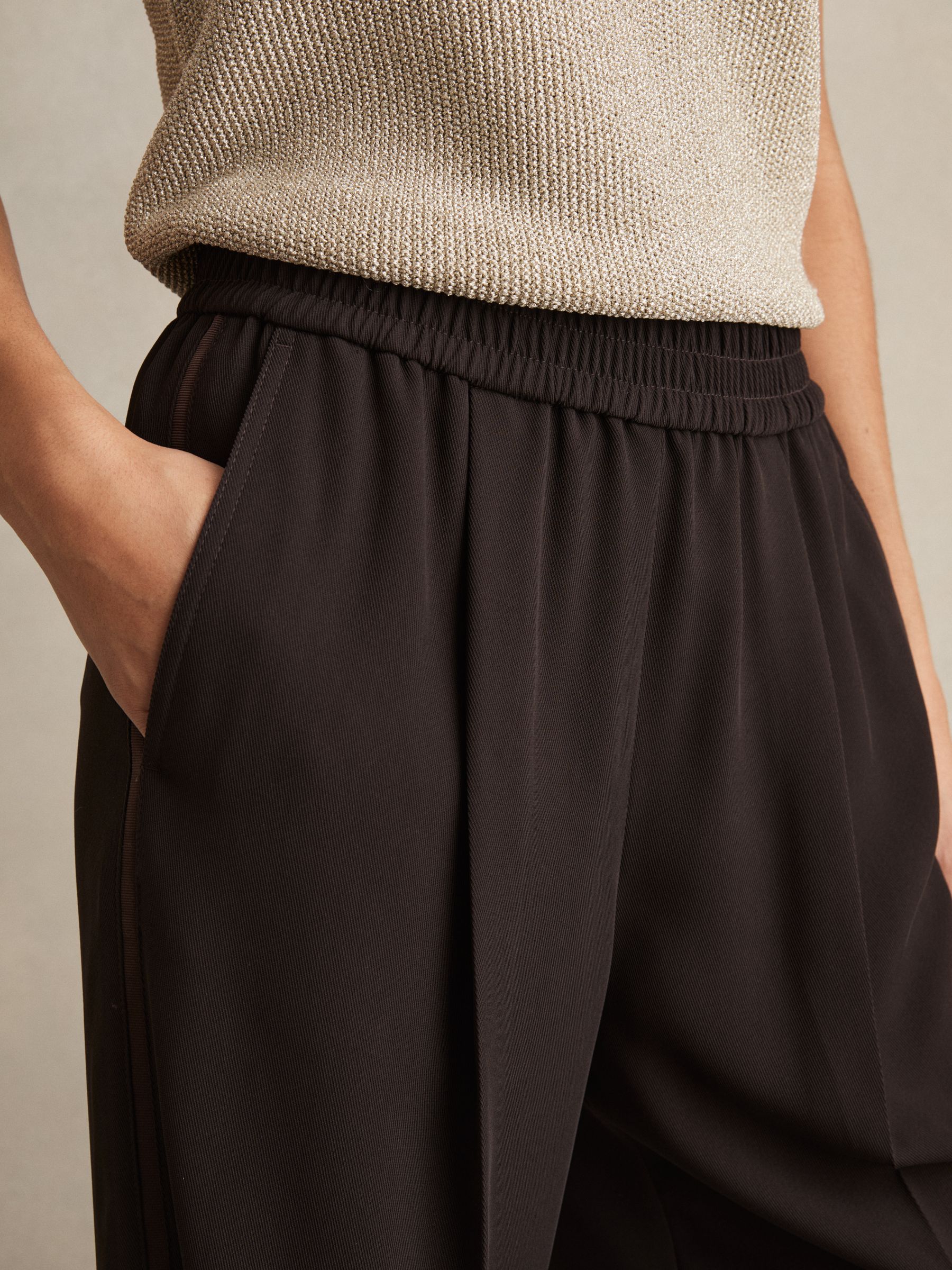Petite Elasticated Side Stripe Wide Leg Trousers in Chocolate Brown - Image 4 of 7