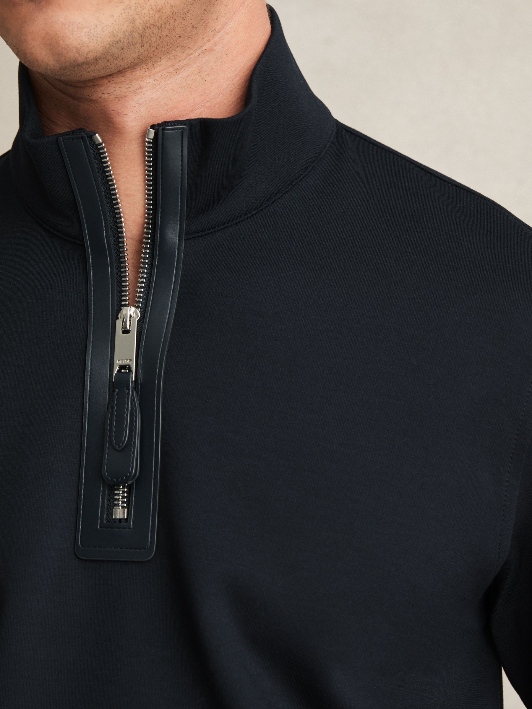 Leather-Placket Interlock Sweatshirt in Navy Blue - Image 3 of 5