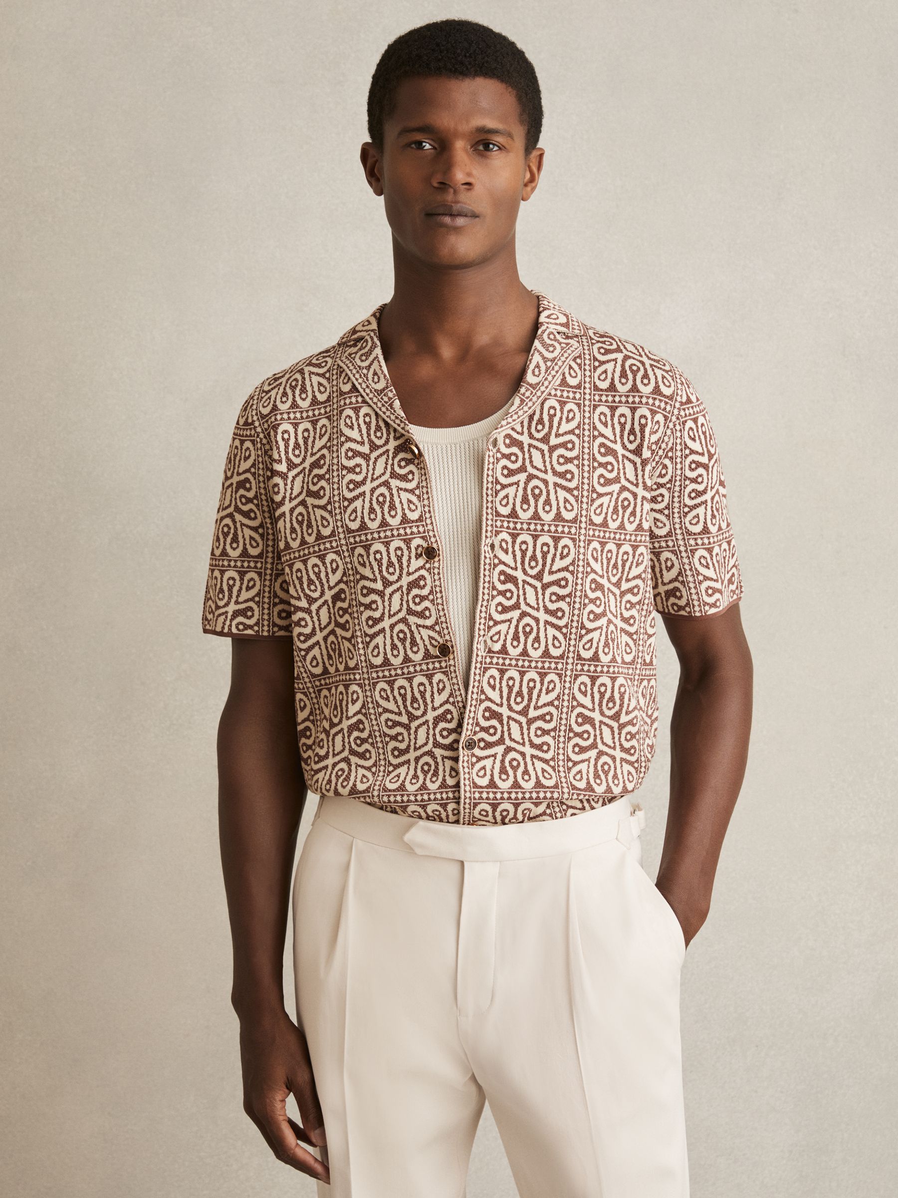 Tile Pattern Knit Shirt in Brown/White - Image 3 of 8