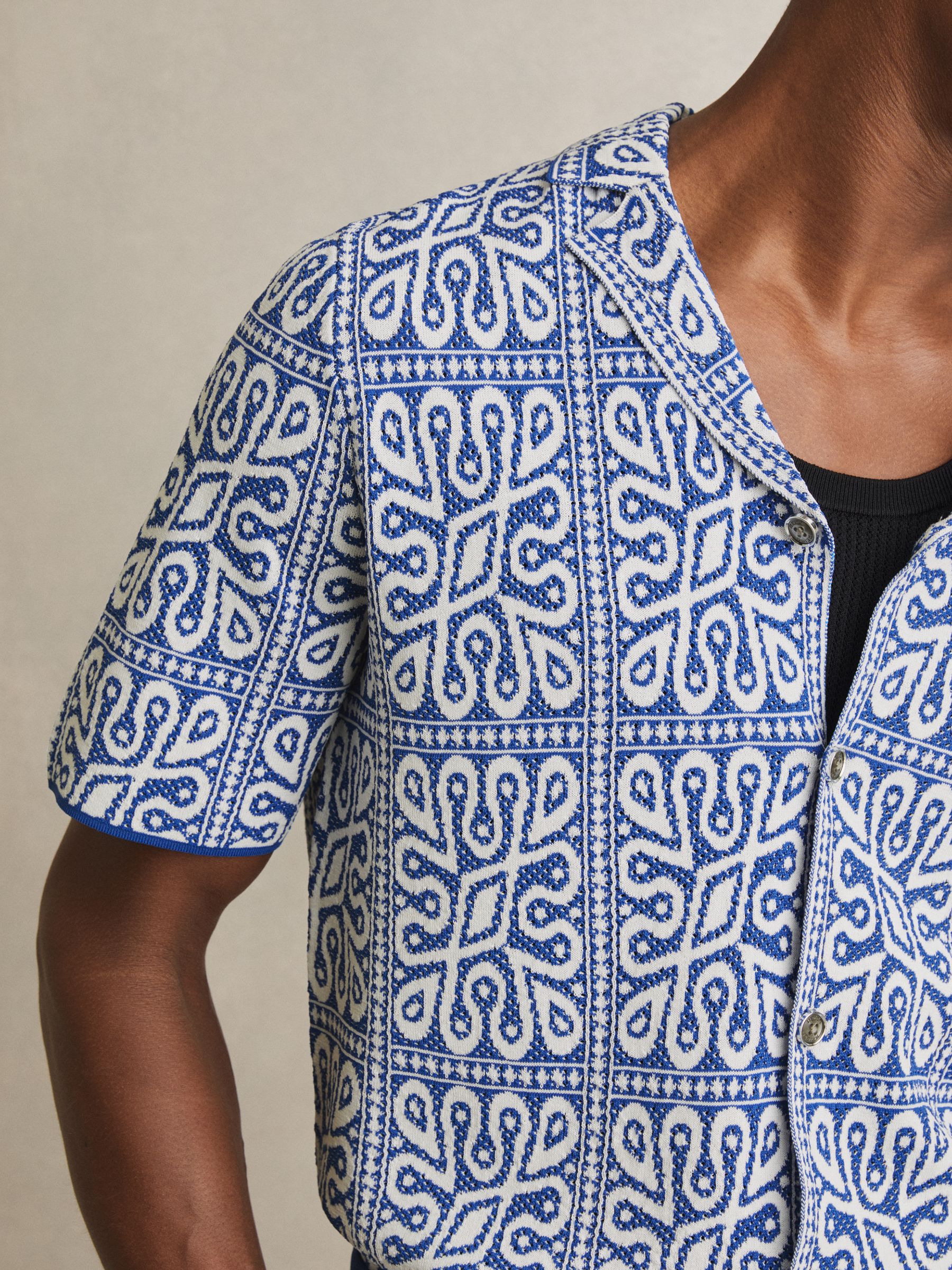 Tile Pattern Knit Shirt in Blue/White - Image 4 of 6