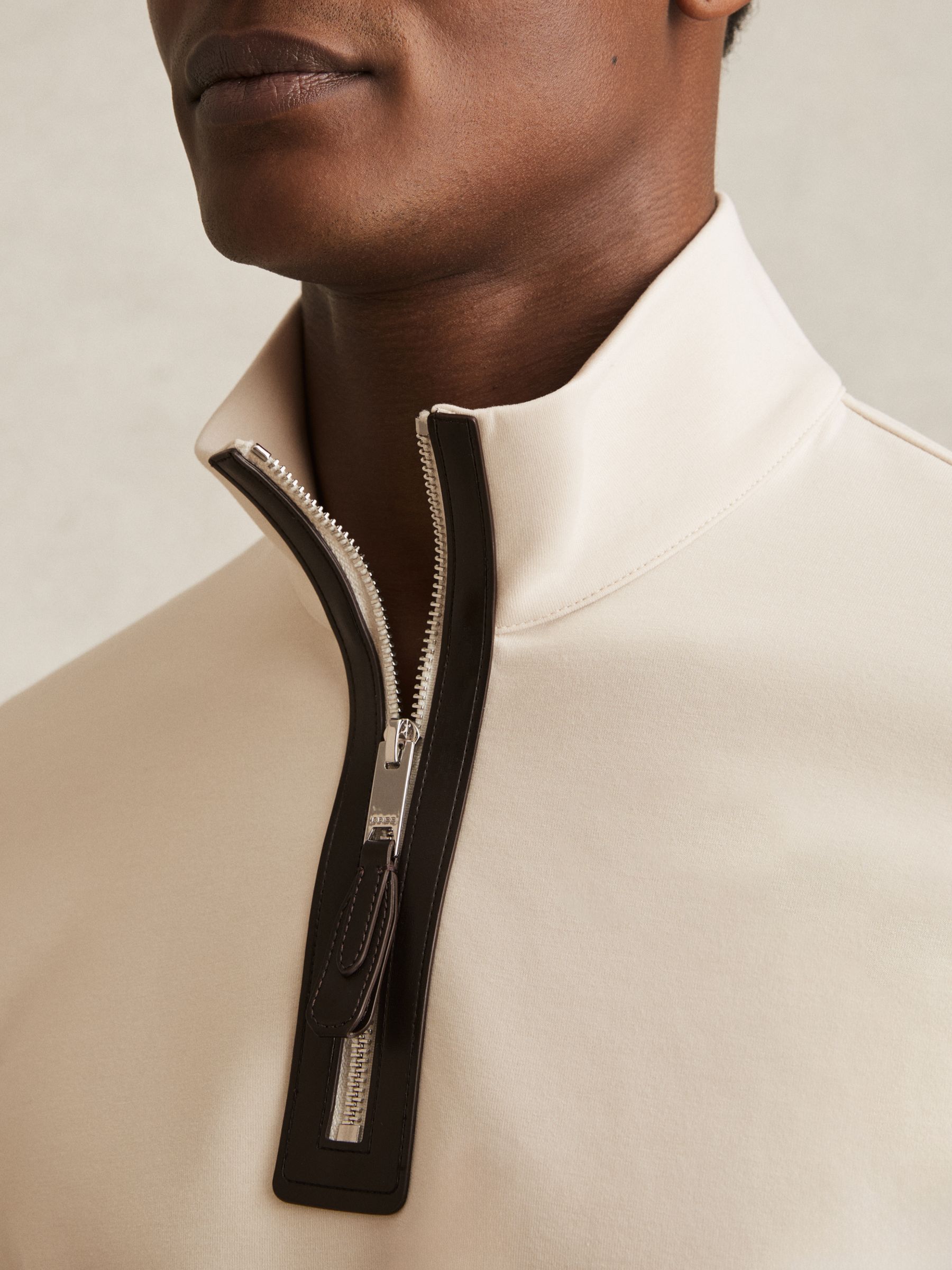 Leather-Placket Interlock Sweatshirt in Off White - Image 3 of 5