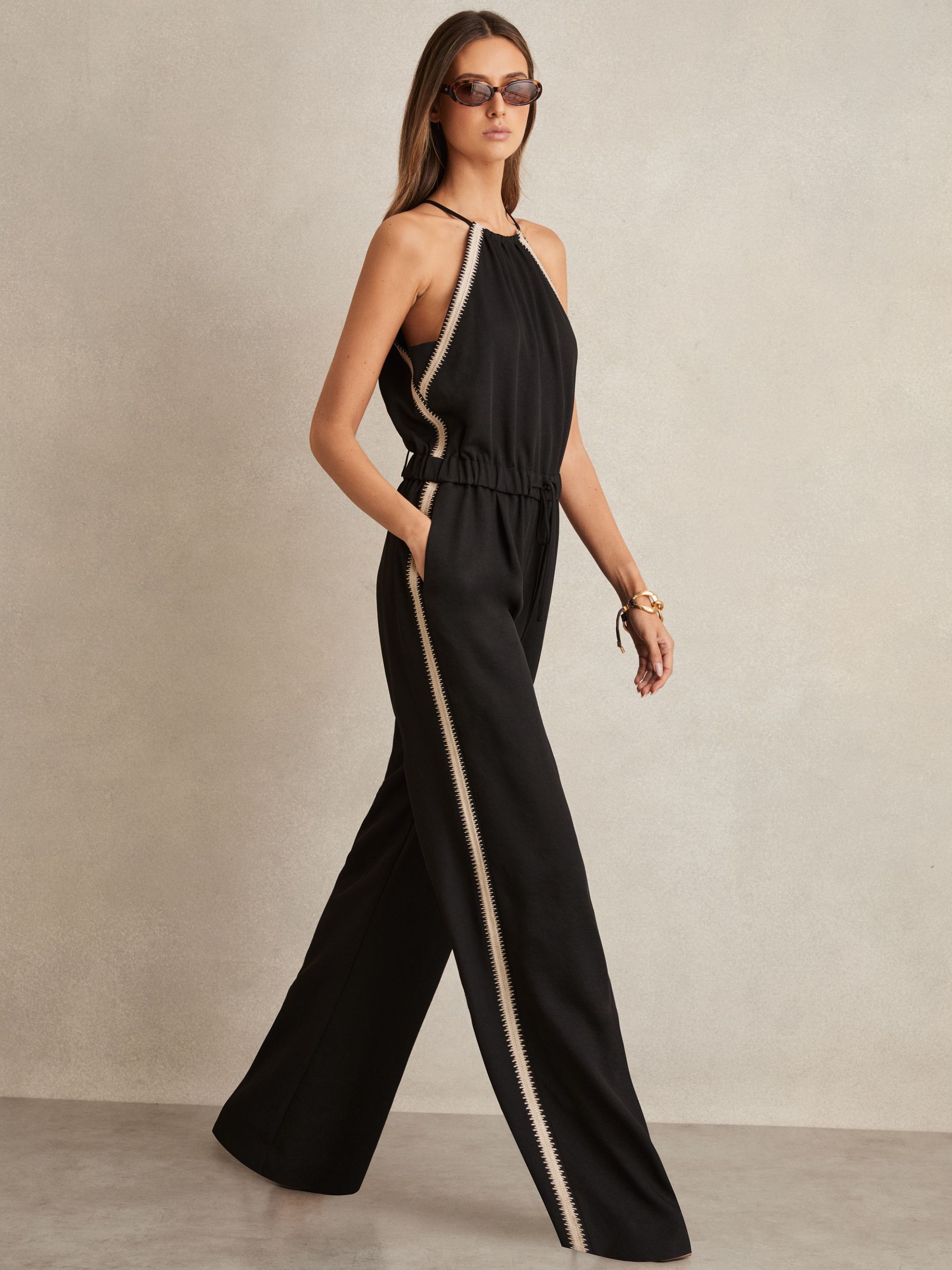 Reiss Halterneck Craft Stitch Jumpsuit in Black REISS