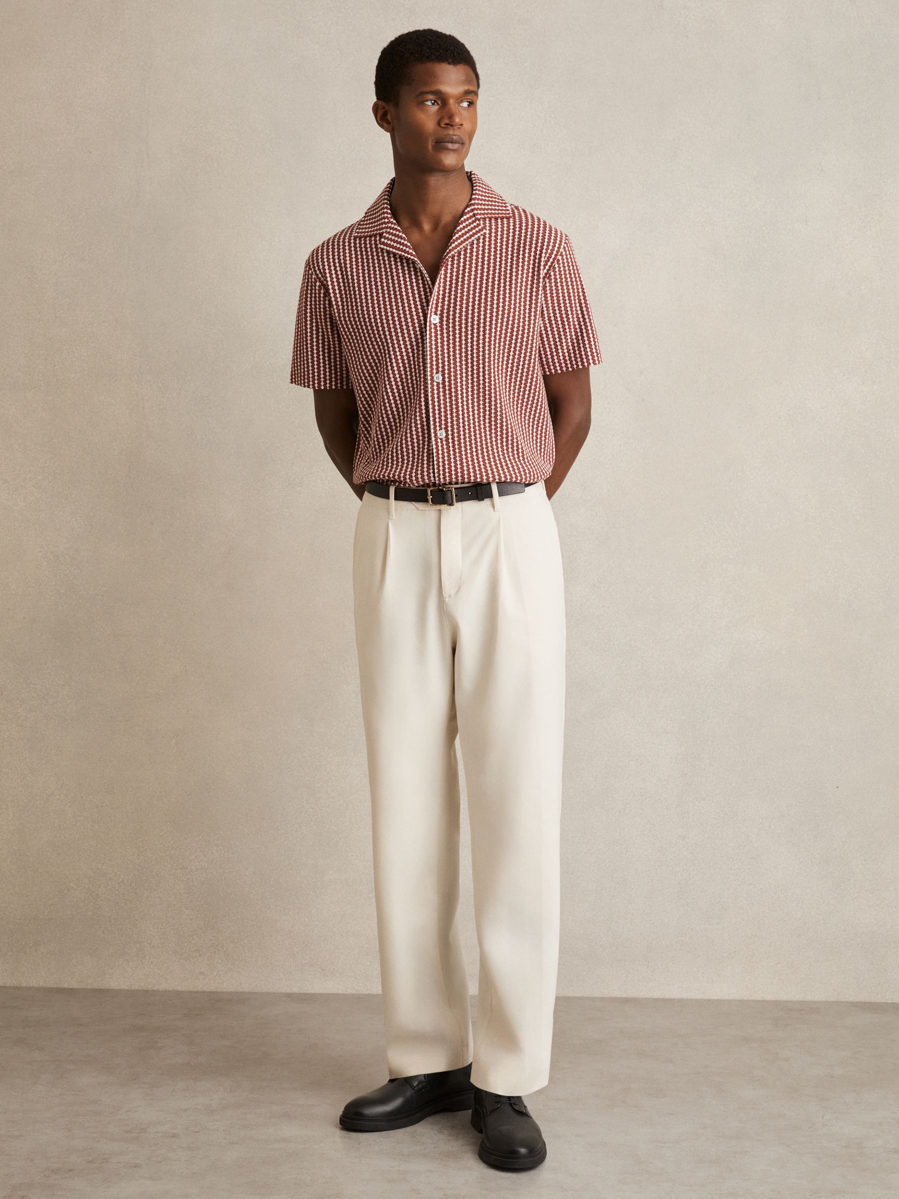 Textured-Stripe Cuban-Collar Shirt in Rust Red/White - Image 3 of 6