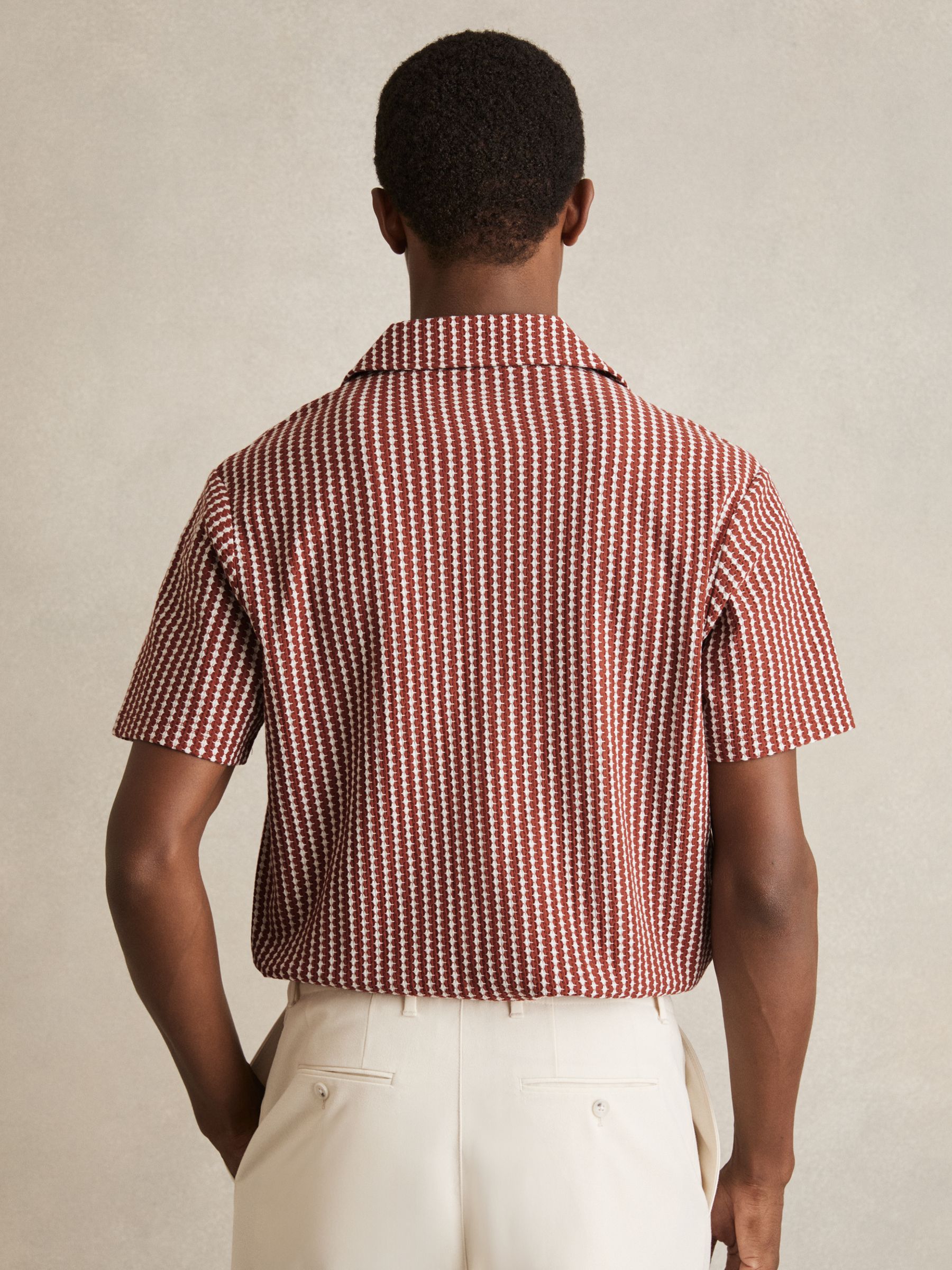 Textured-Stripe Cuban-Collar Shirt in Rust Red/White - Image 5 of 6