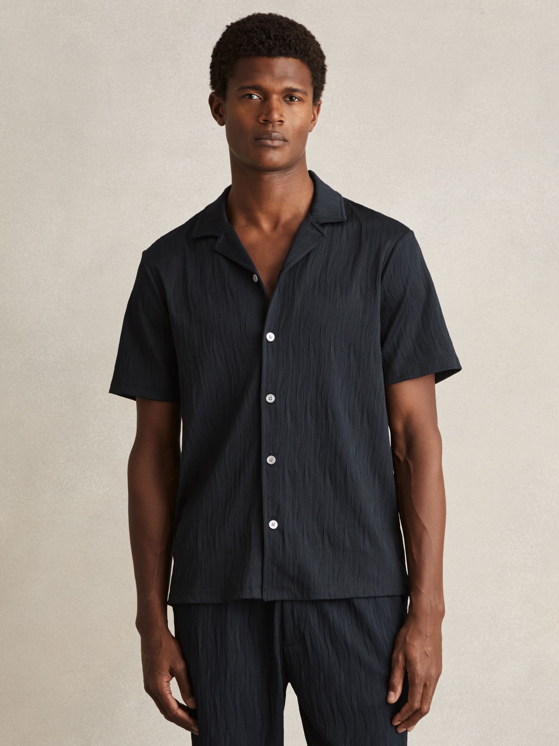 Wave-Jacquard Cuban-Collar Shirt in Navy - Image 1 of 6