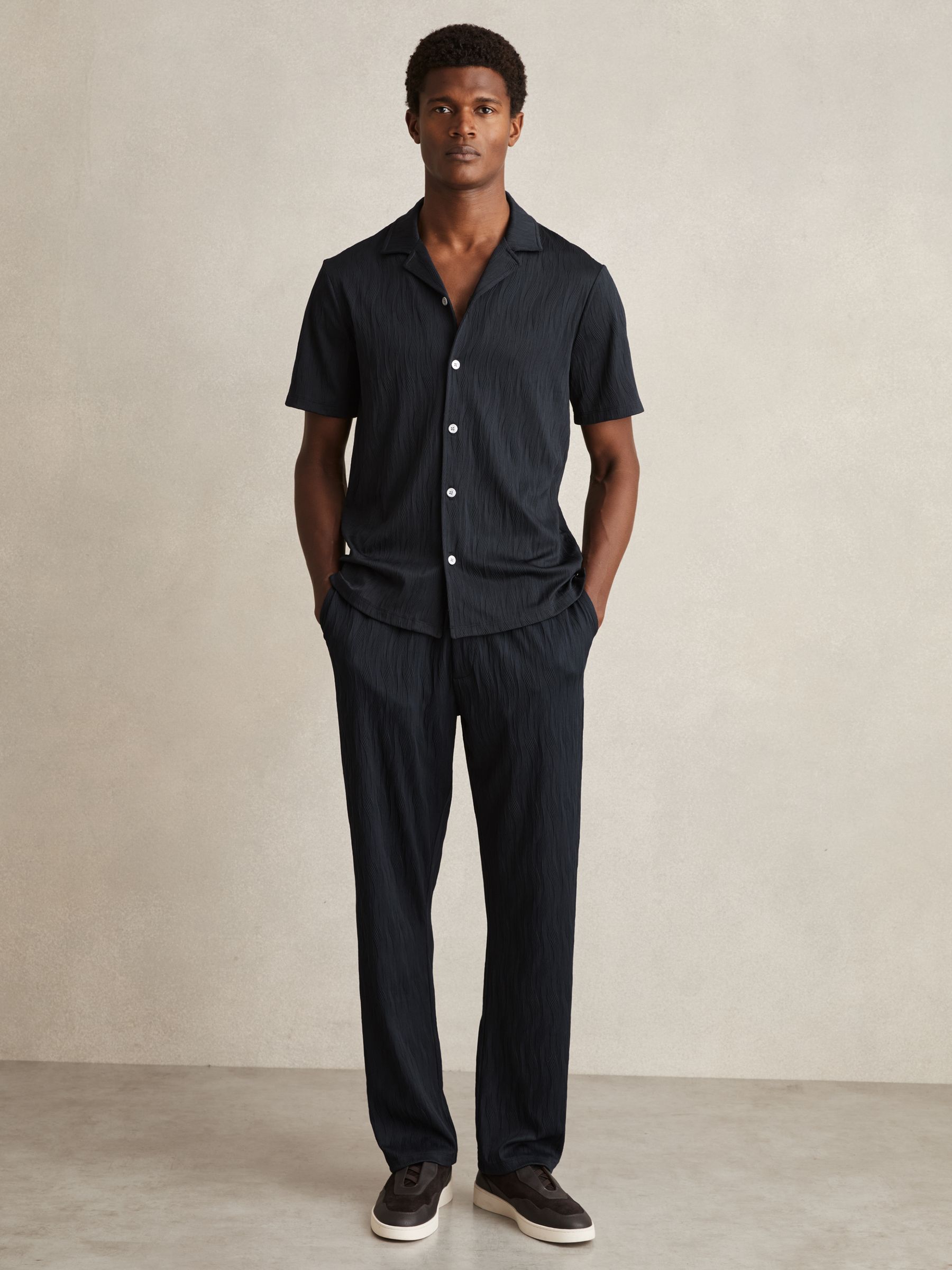 Wave-Jacquard Cuban-Collar Shirt in Navy - Image 3 of 6