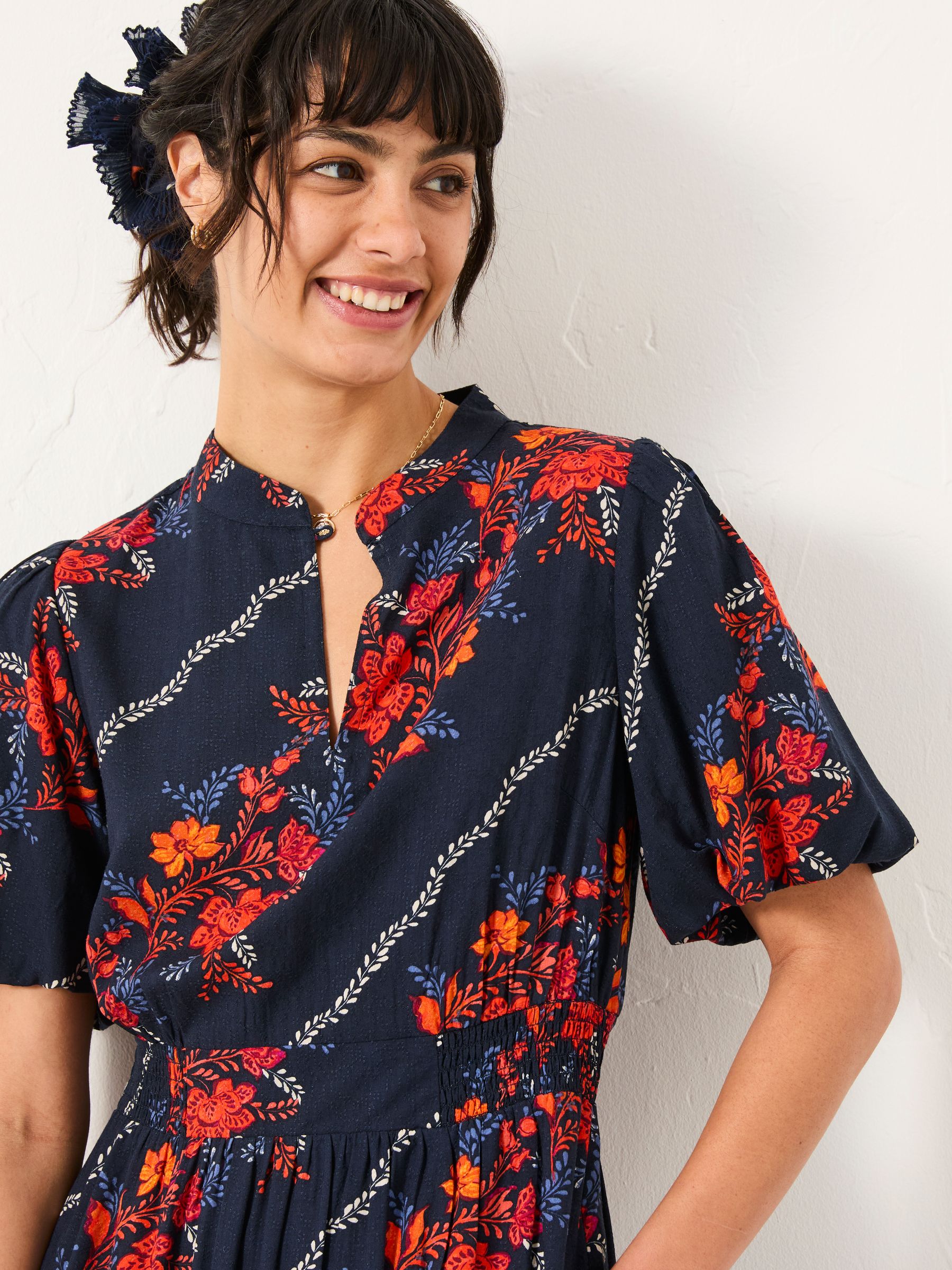 Becky Navy Folk Floral Regular Midi Dress - Image 4 of 5