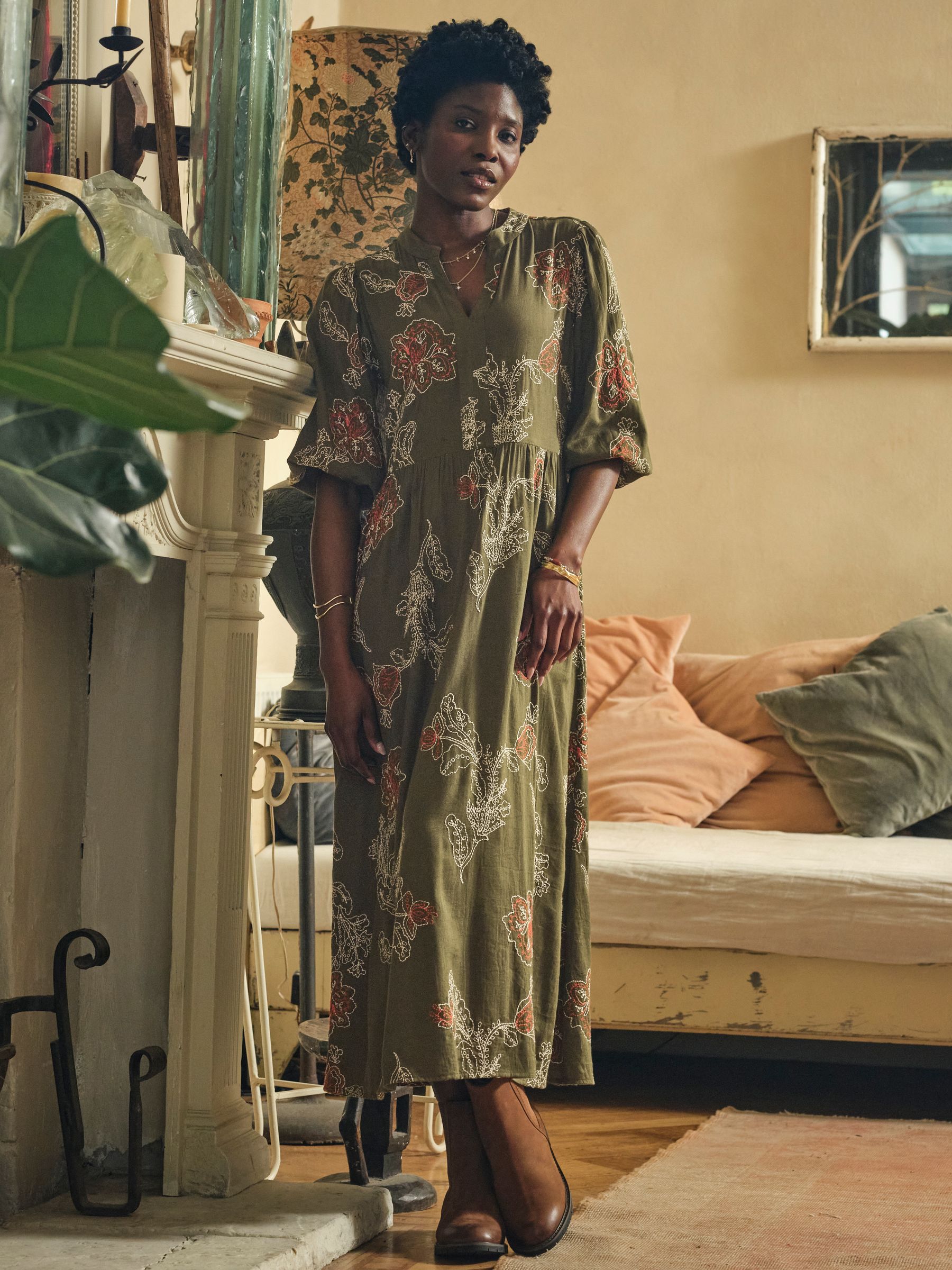 Vivienne Olive Green Regular Embroidered Midi Dress - Image 1 of 6