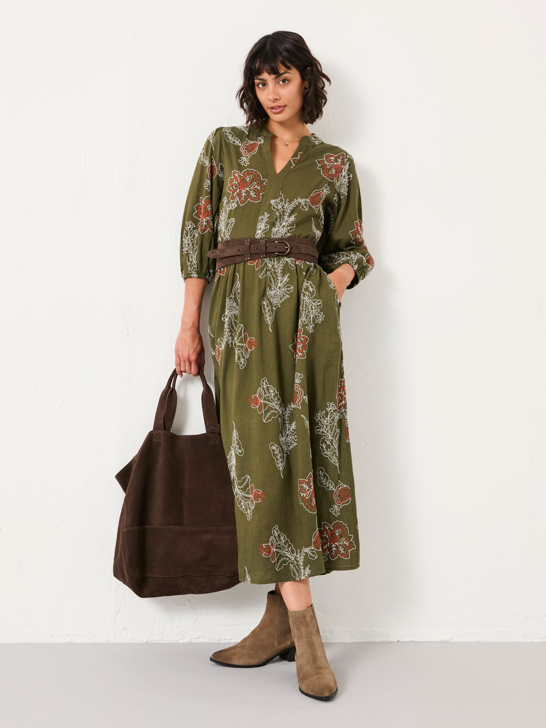 Vivienne Olive Green Regular Embroidered Midi Dress | FatFace USA