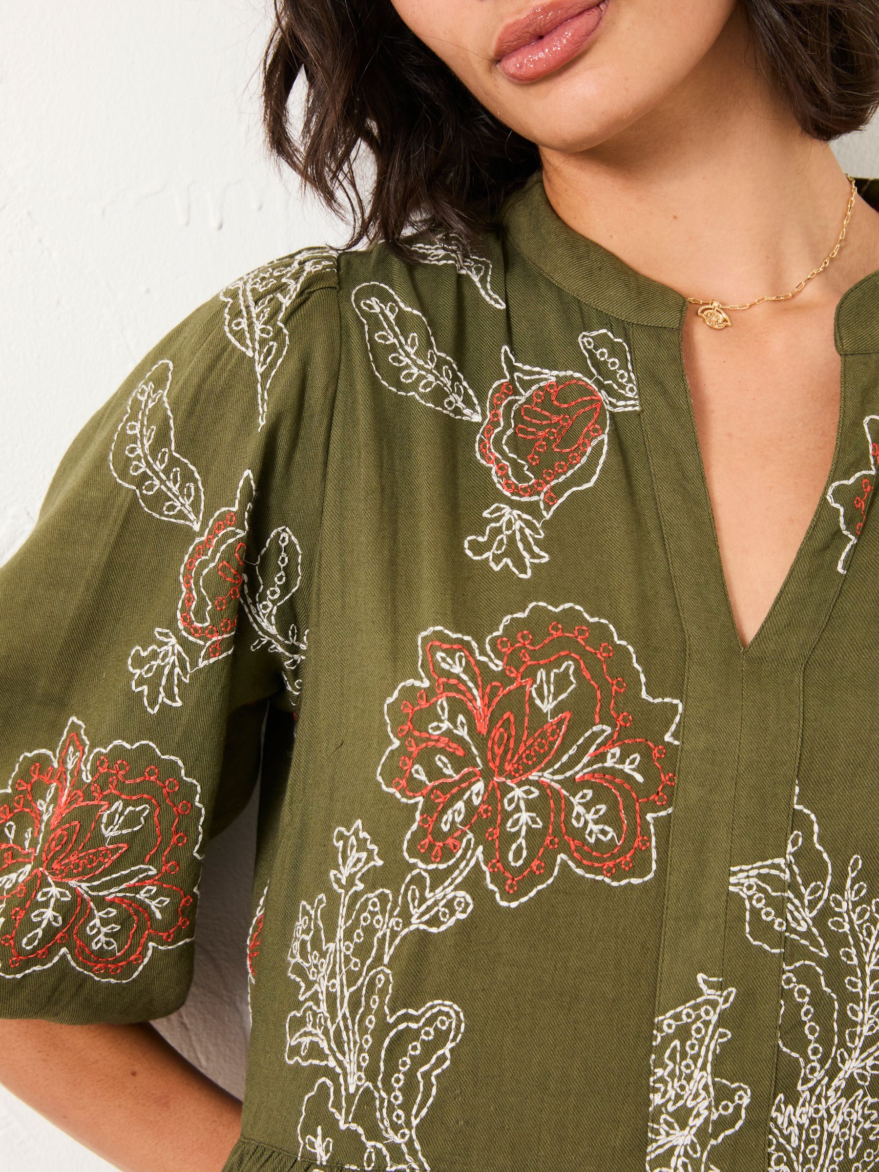 Vivienne Olive Green Regular Embroidered Midi Dress | FatFace USA