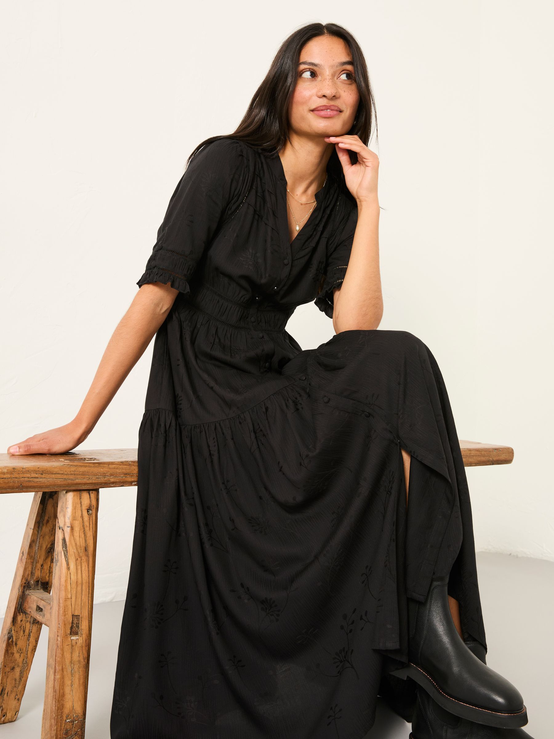 sachin and babi light blue dress Black Phoenix Pattern Long Sleeve Dress with Belt