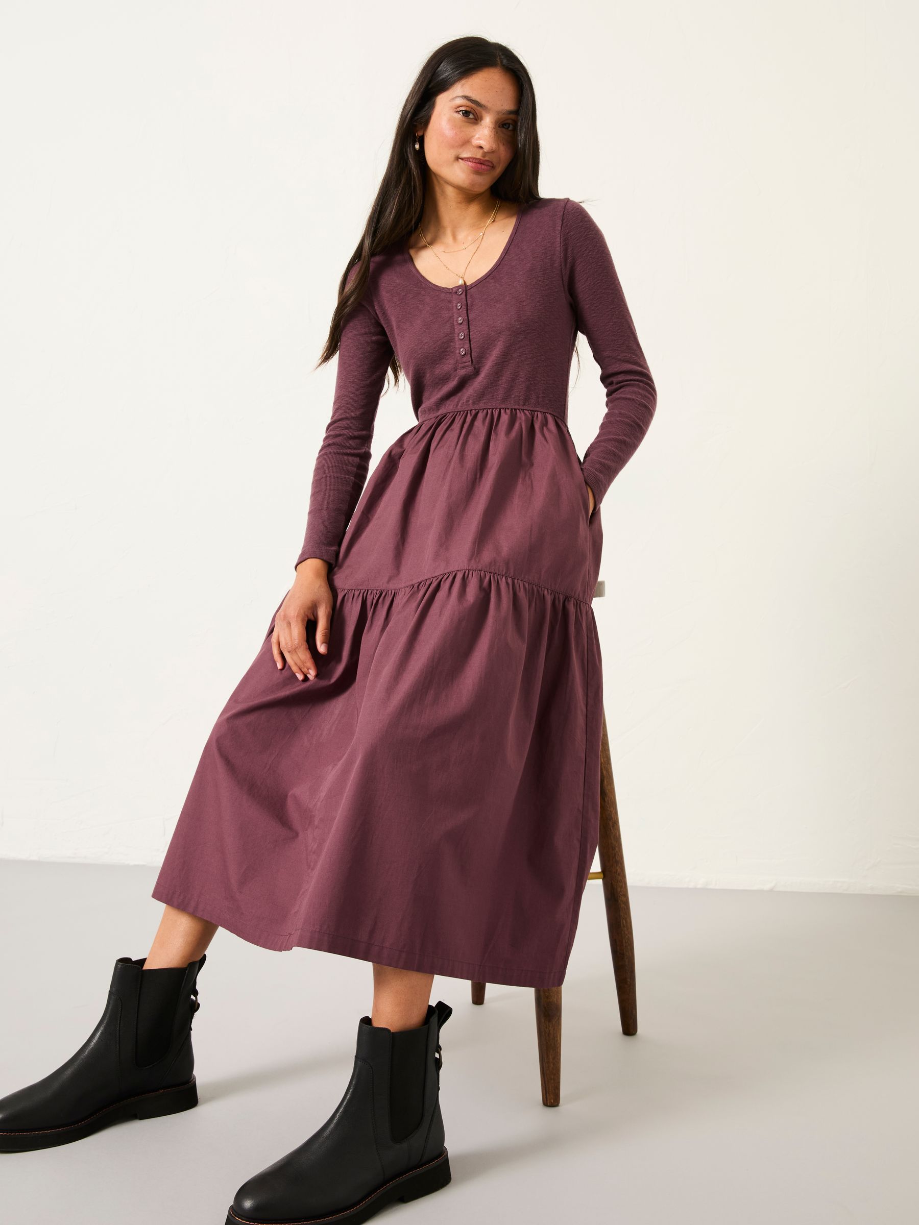 Louise Dusky Purple Regular Jersey Woven Midi Dress | FatFace USA
