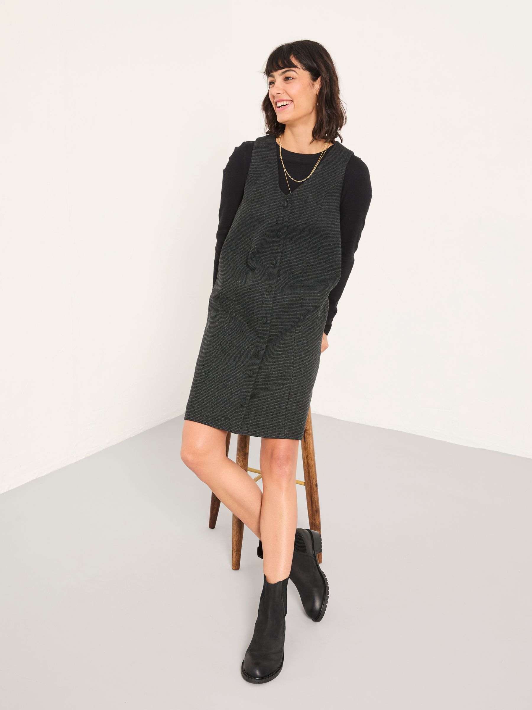 Binny Charcoal Grey Regular Tweed Pinny Dress - Image 1 of 5