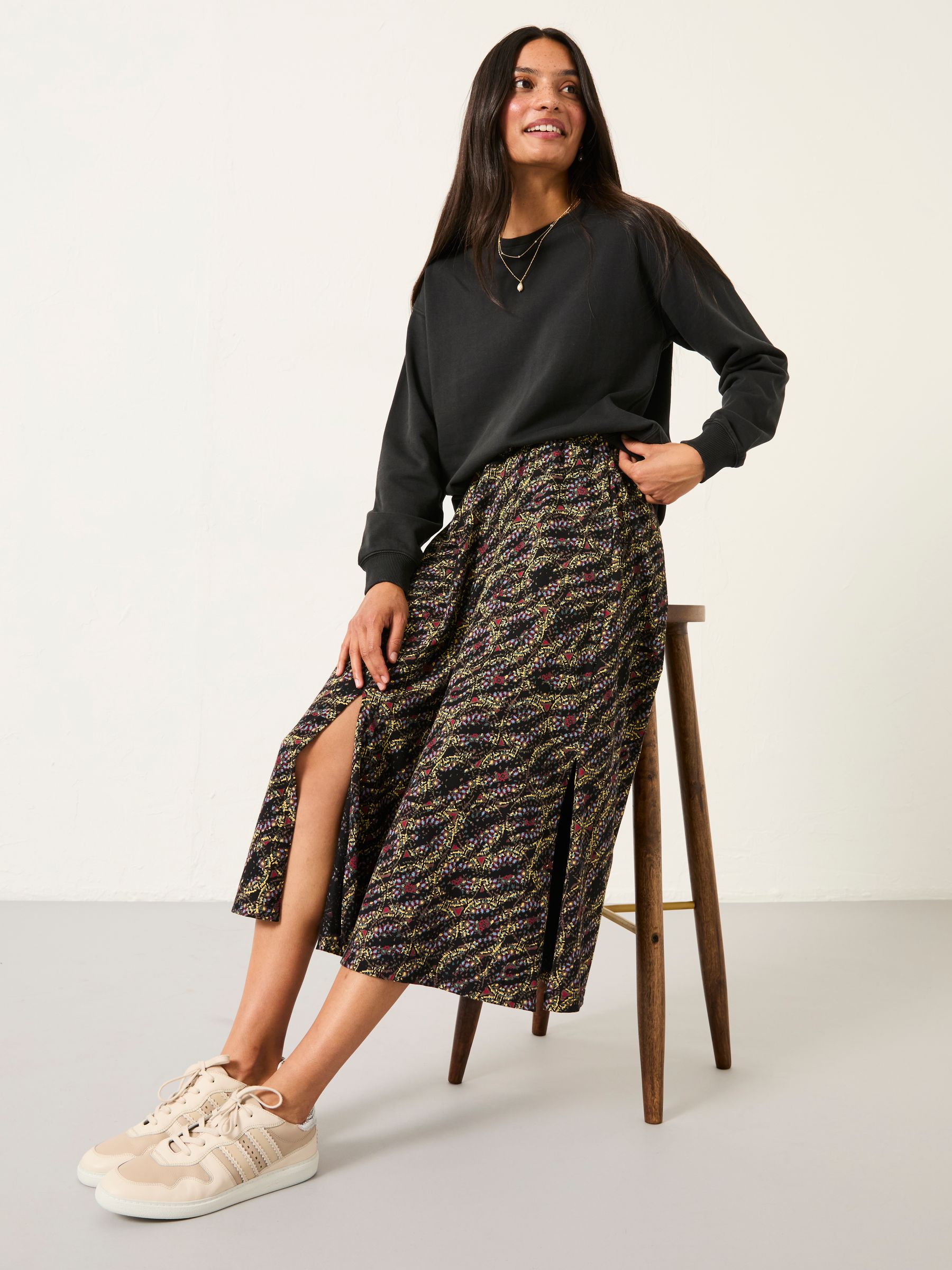Delith Black Sketchy Texture Midi Skirt | FatFace
