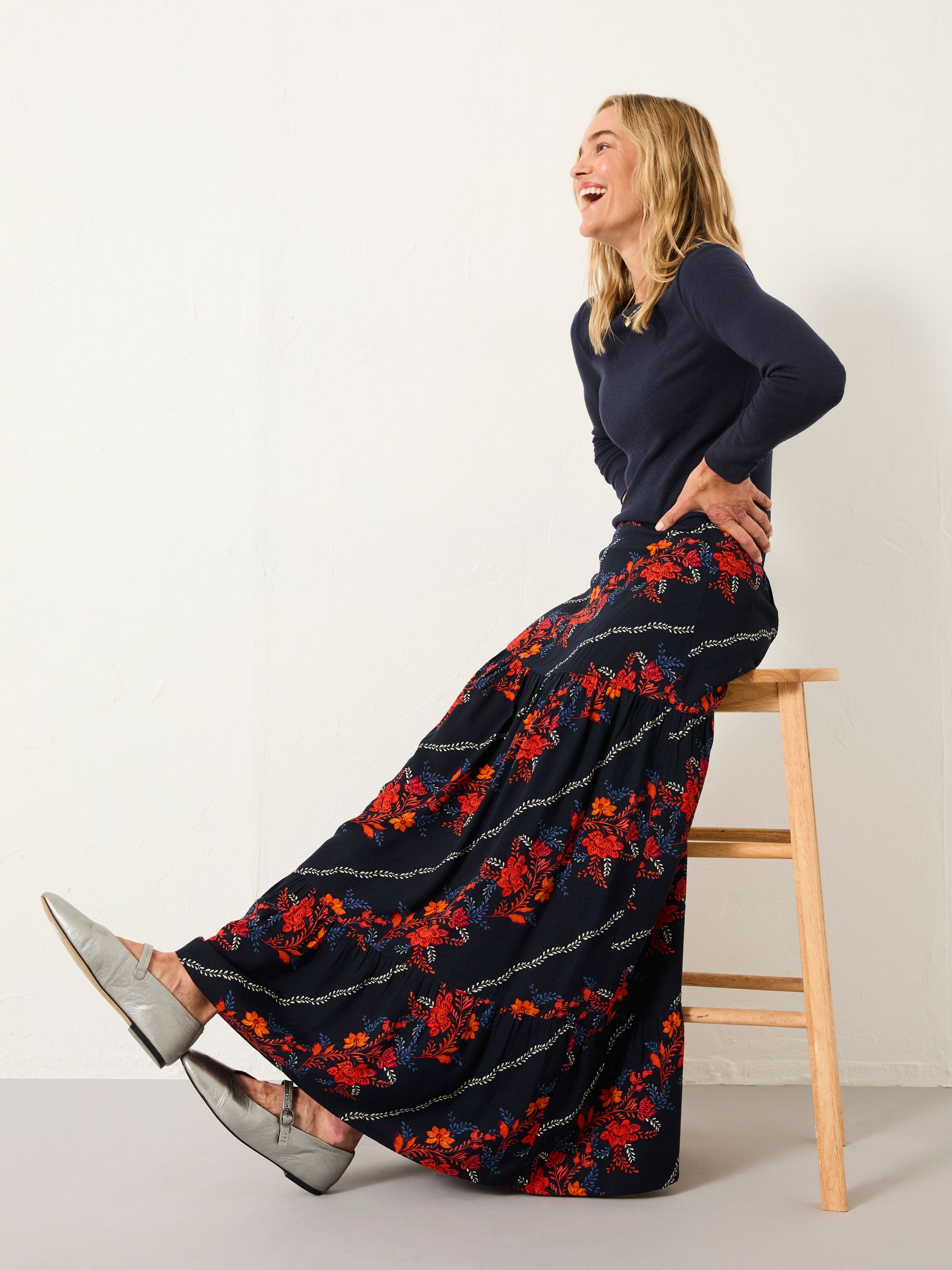 Anika Navy Folk Floral Midi Skirt - Image 3 of 6