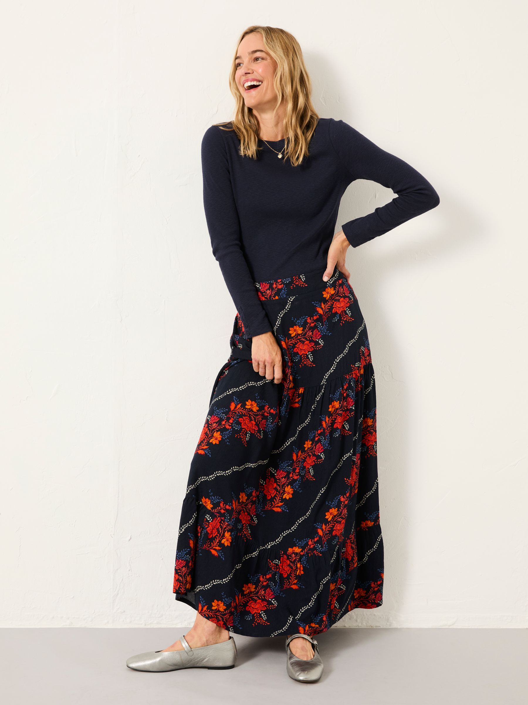Anika Navy Folk Floral Midi Skirt - Image 4 of 6