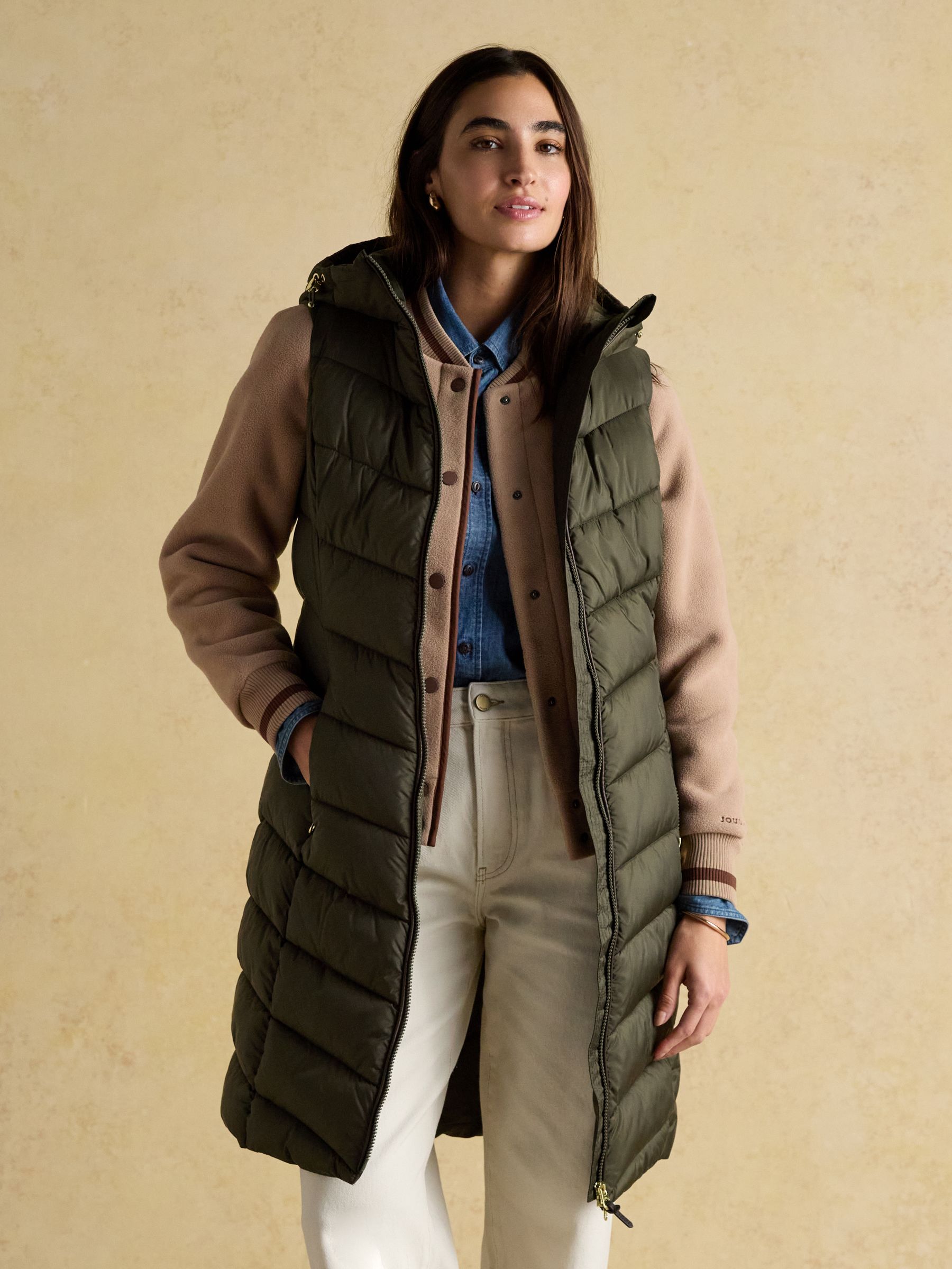 Moorsdale Green Longline Showerproof Padded Gilet with Hood | Joules