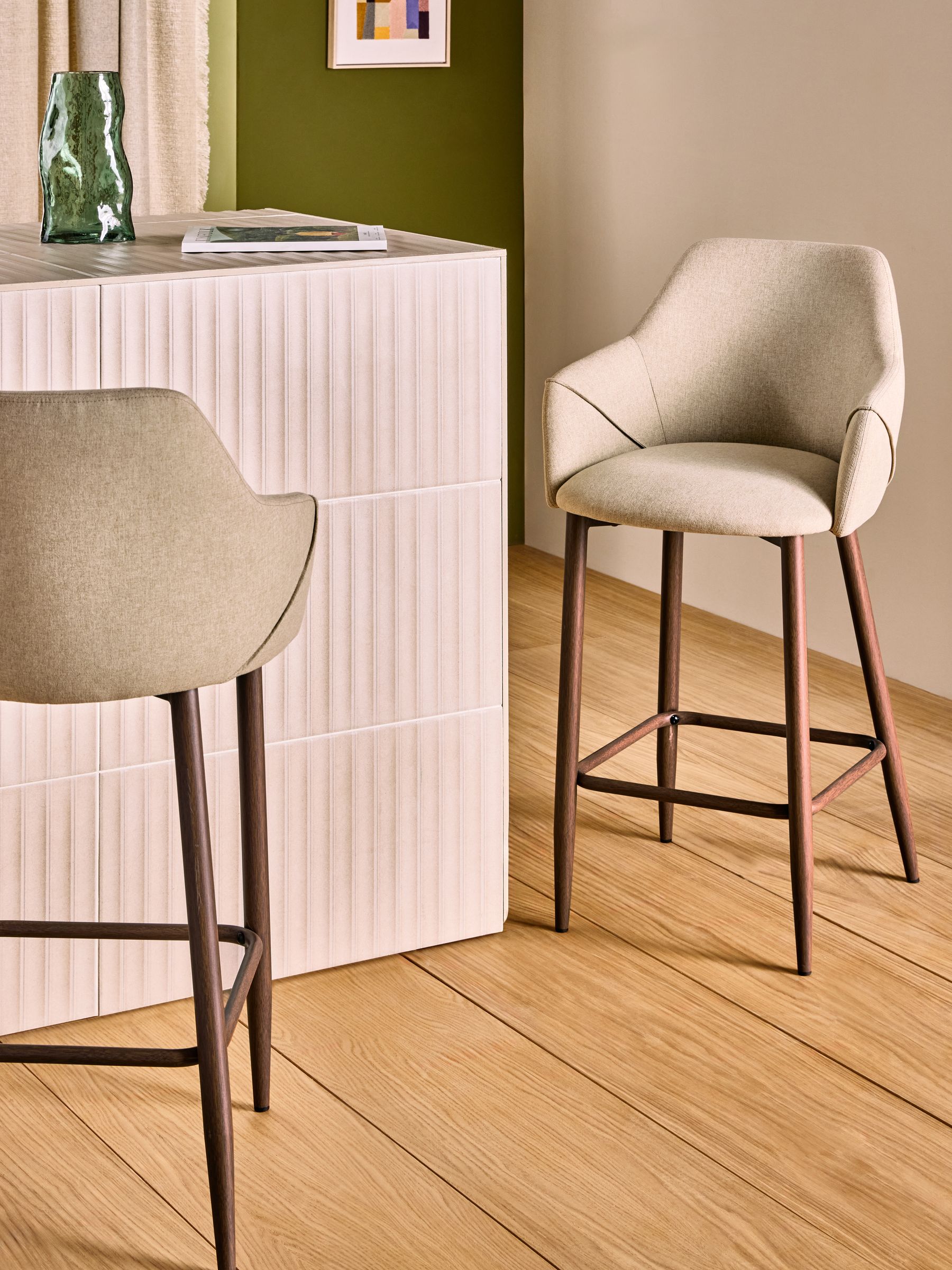 Lule Bar Stool in Velvet in Ecru Marl and Walnut Legs - Image 1 of 5
