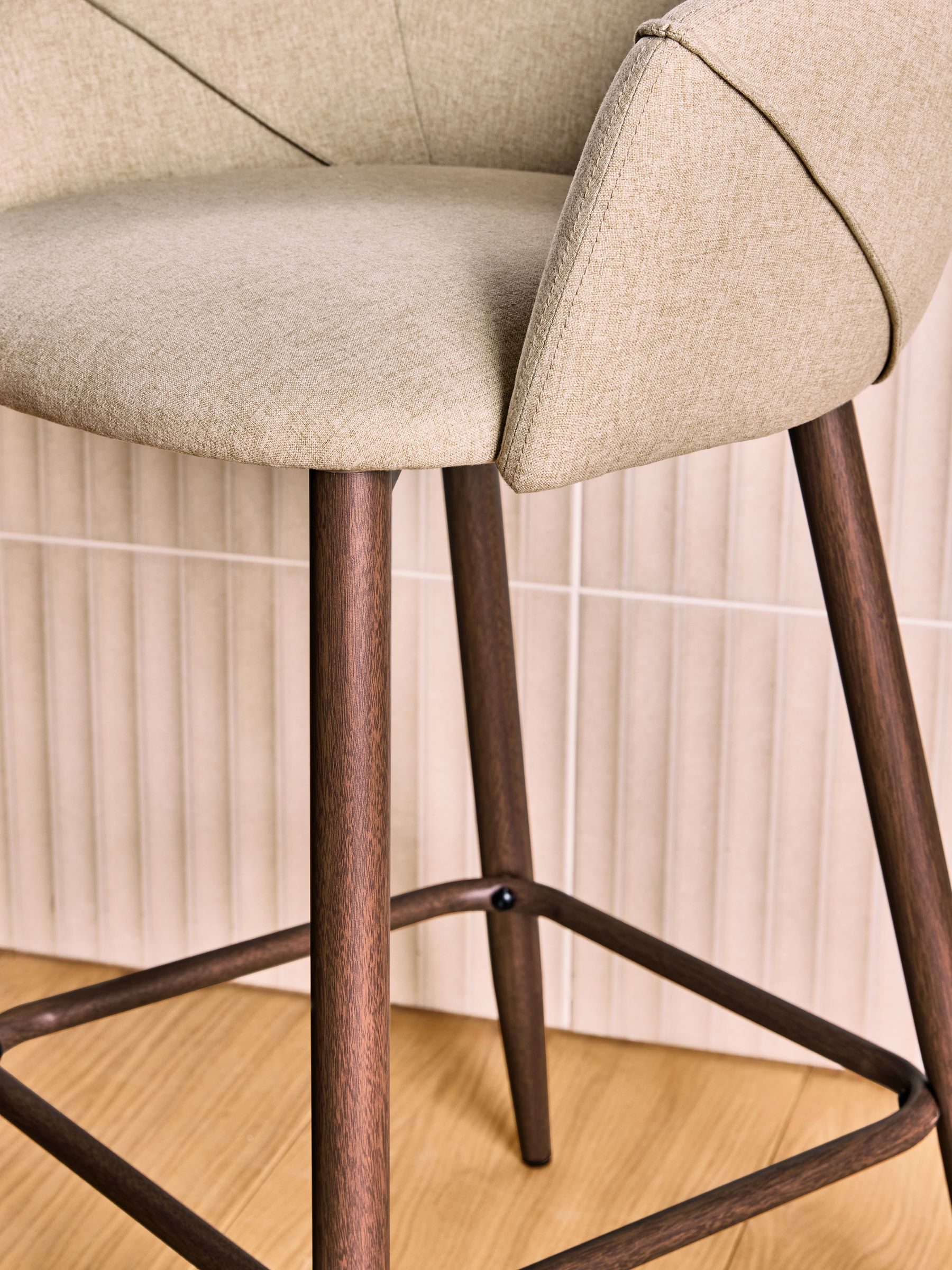 Lule Bar Stool in Velvet in Ecru Marl and Walnut Legs - Image 3 of 5