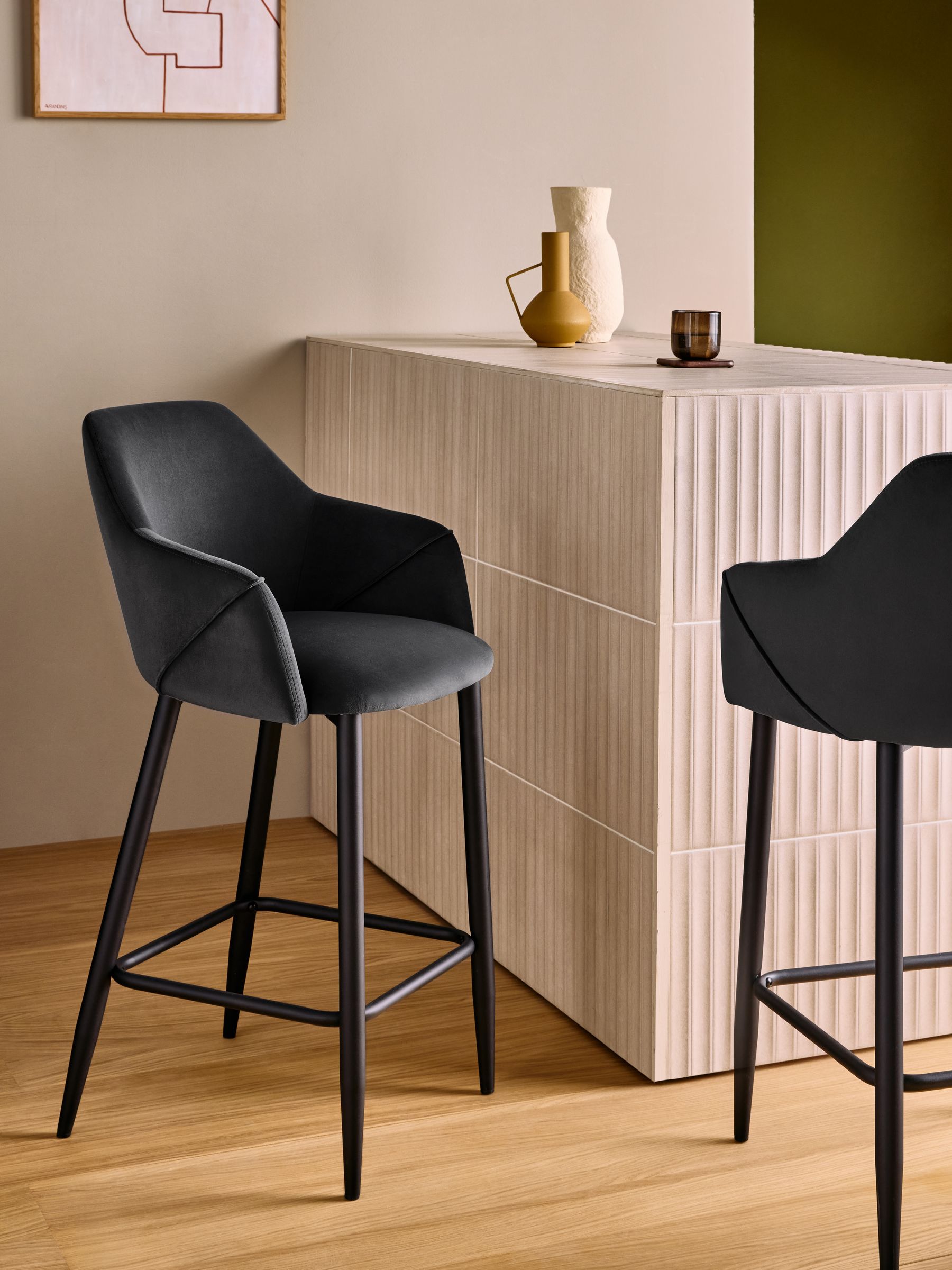 Lule Bar Stool in Velvet in Charcoal Grey and Black Legs - Image 1 of 5