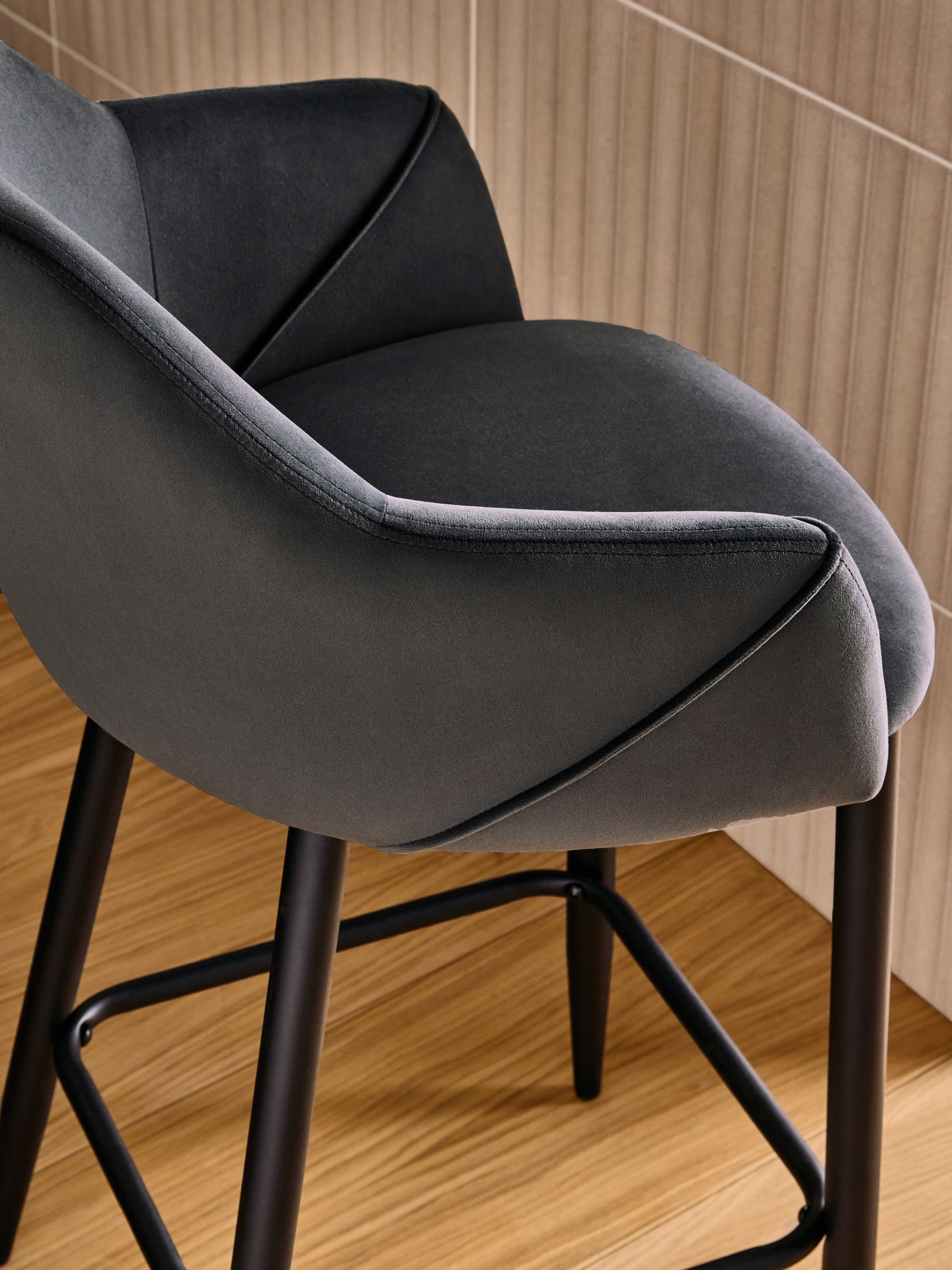 Lule Bar Stool in Velvet in Charcoal Grey and Black Legs - Image 2 of 5