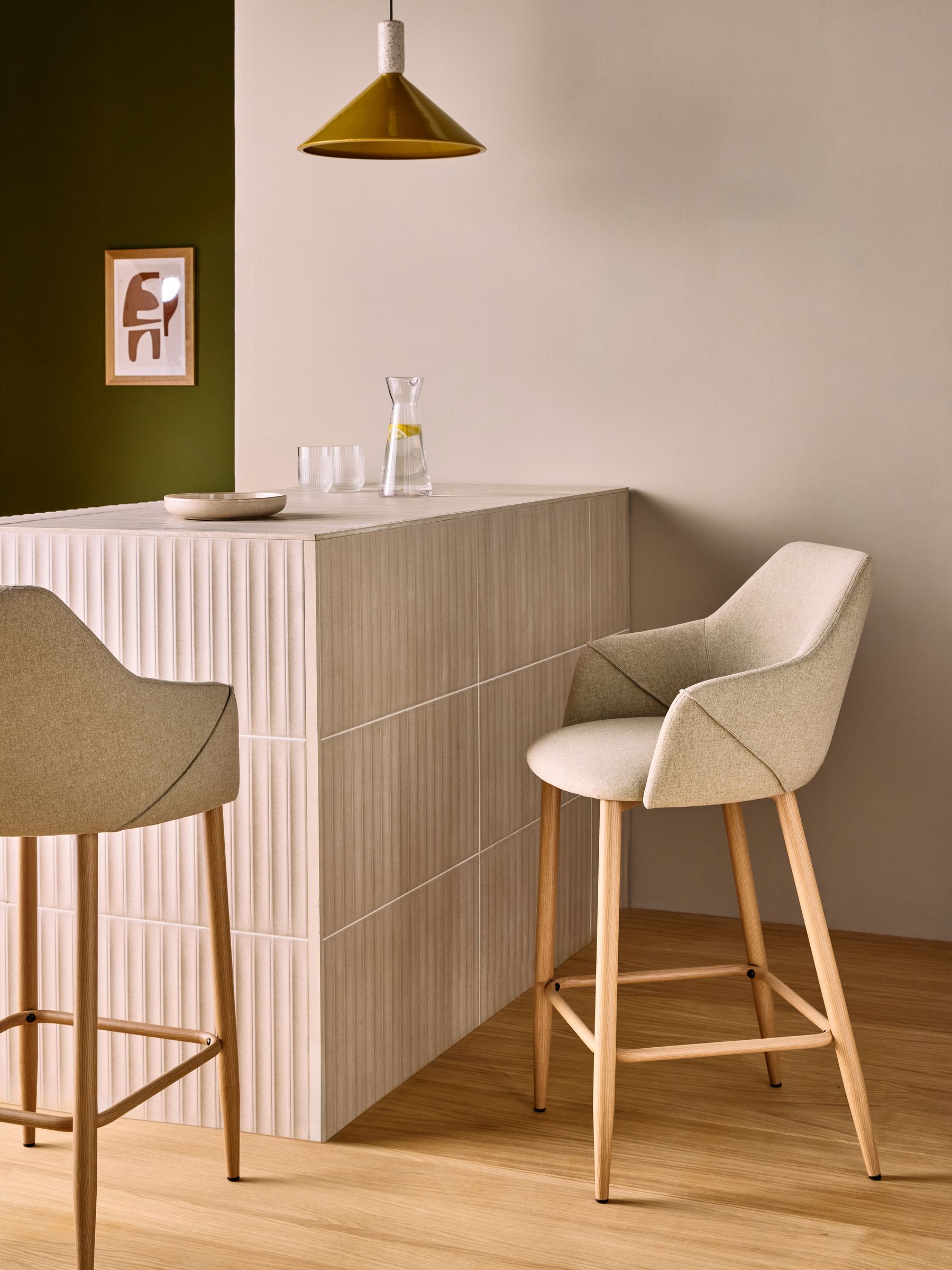Lule Bar Stool in Velvet in Ecru Marl and Oak Legs - Image 1 of 5