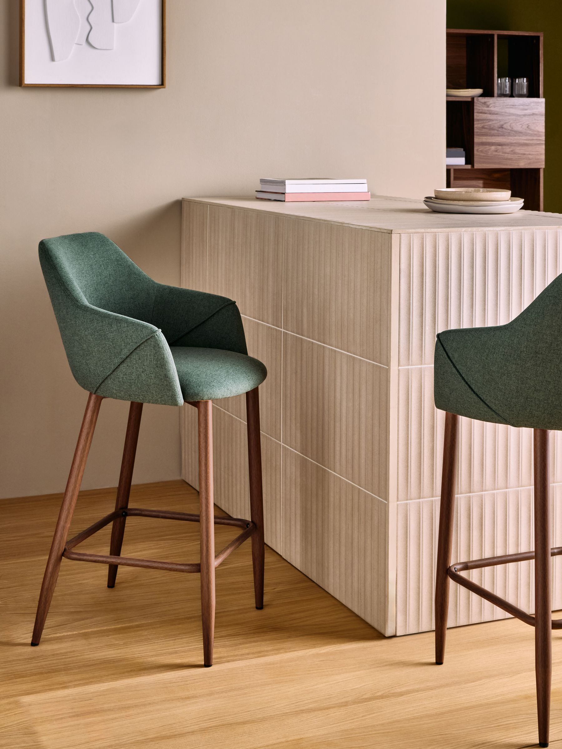 Lule Bar Stool in Velvet in Bay Green and Walnut Legs - Image 1 of 5