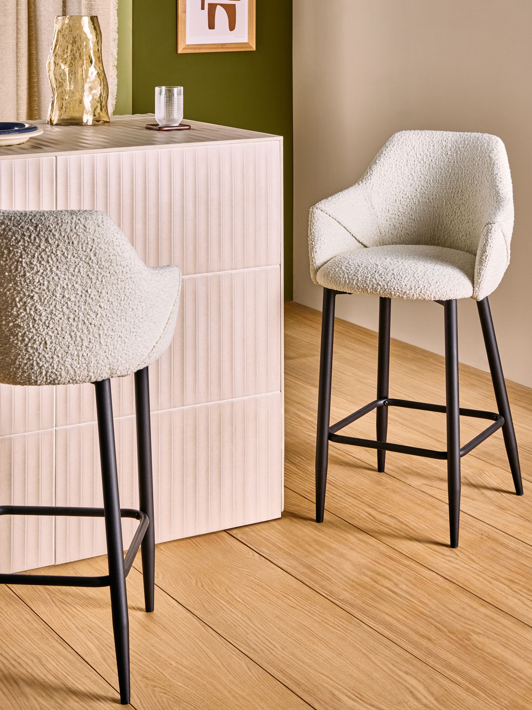 Lule Bar Stool in Velvet in White Boucle and Black Legs - Image 1 of 5