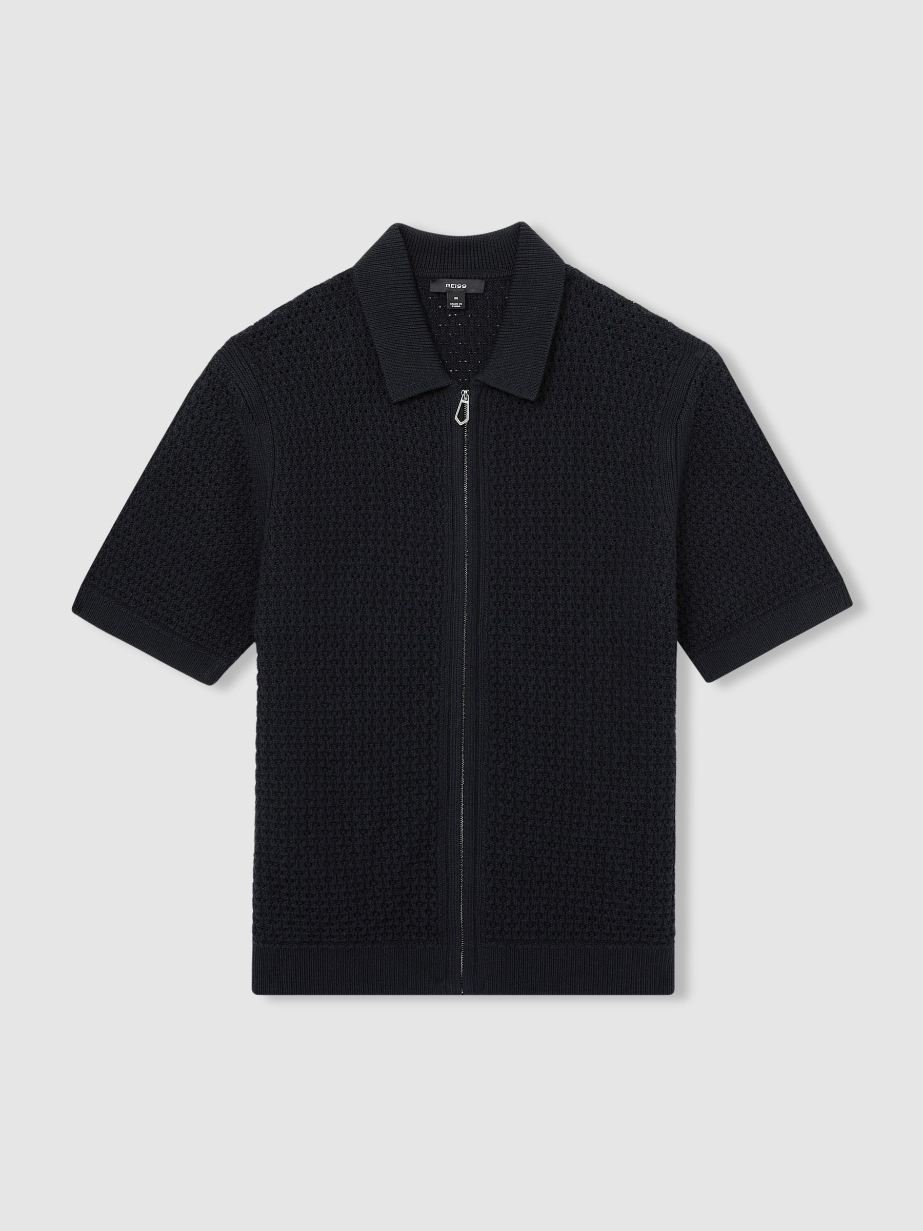 Textured-Knit Zip-Through Shirt in Navy - Image 2 of 6