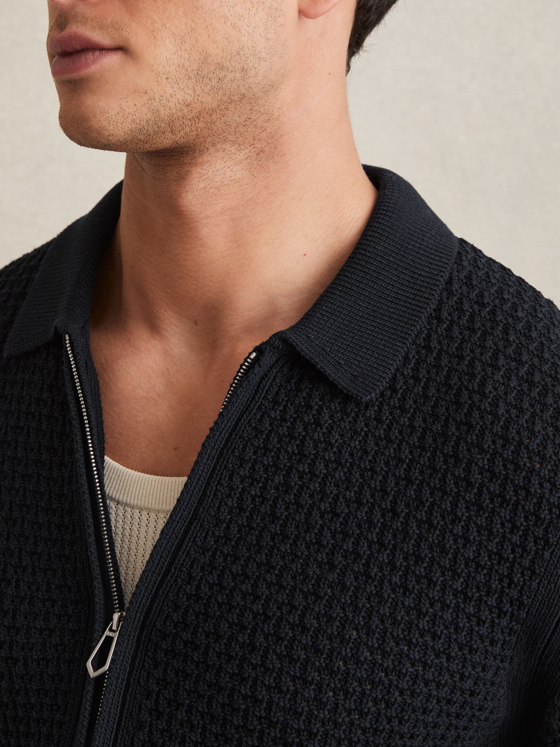 Textured-Knit Zip-Through Shirt in Navy - Image 4 of 6