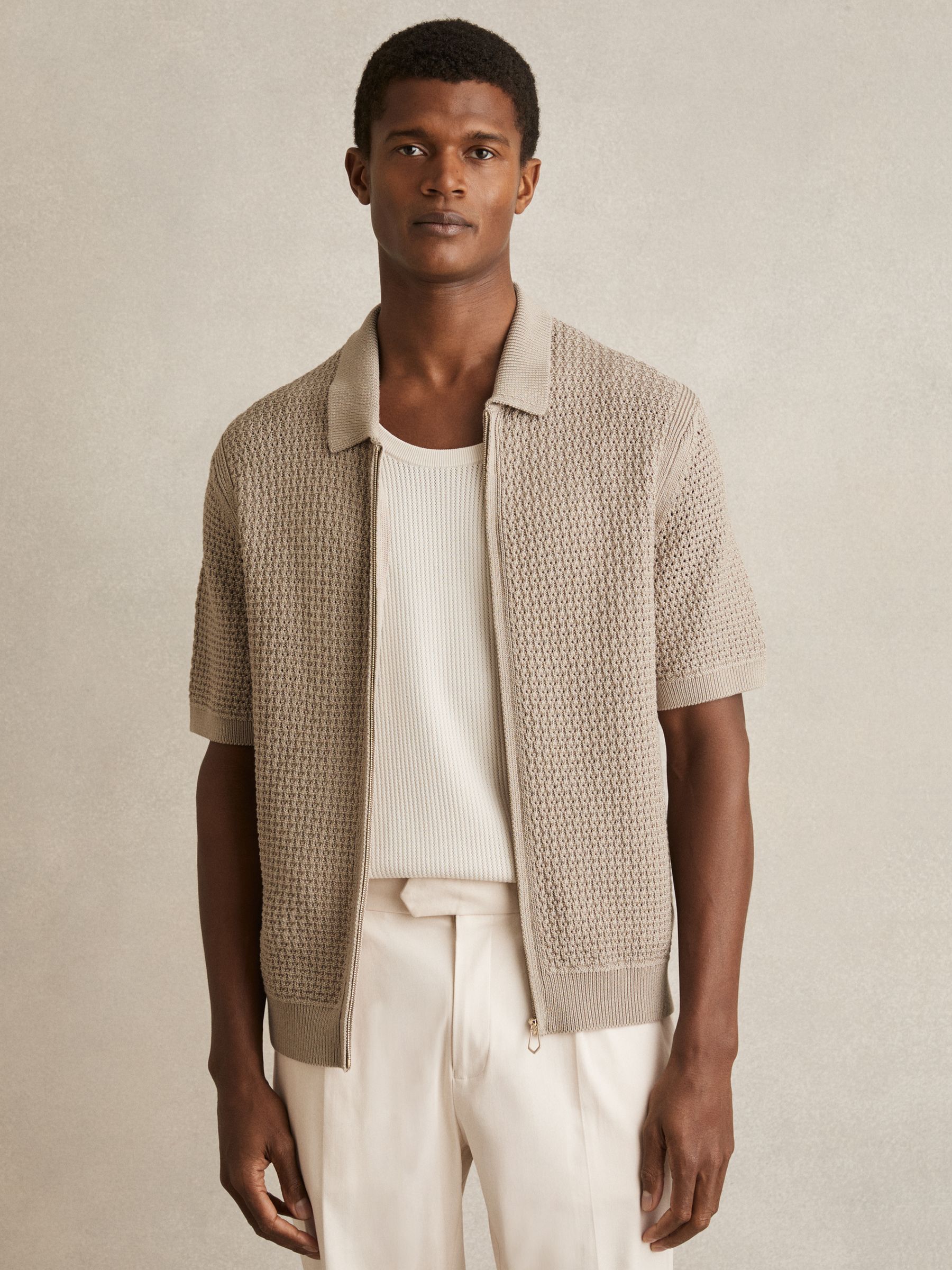 Textured-Knit Zip-Through Shirt in Stone - Image 1 of 6