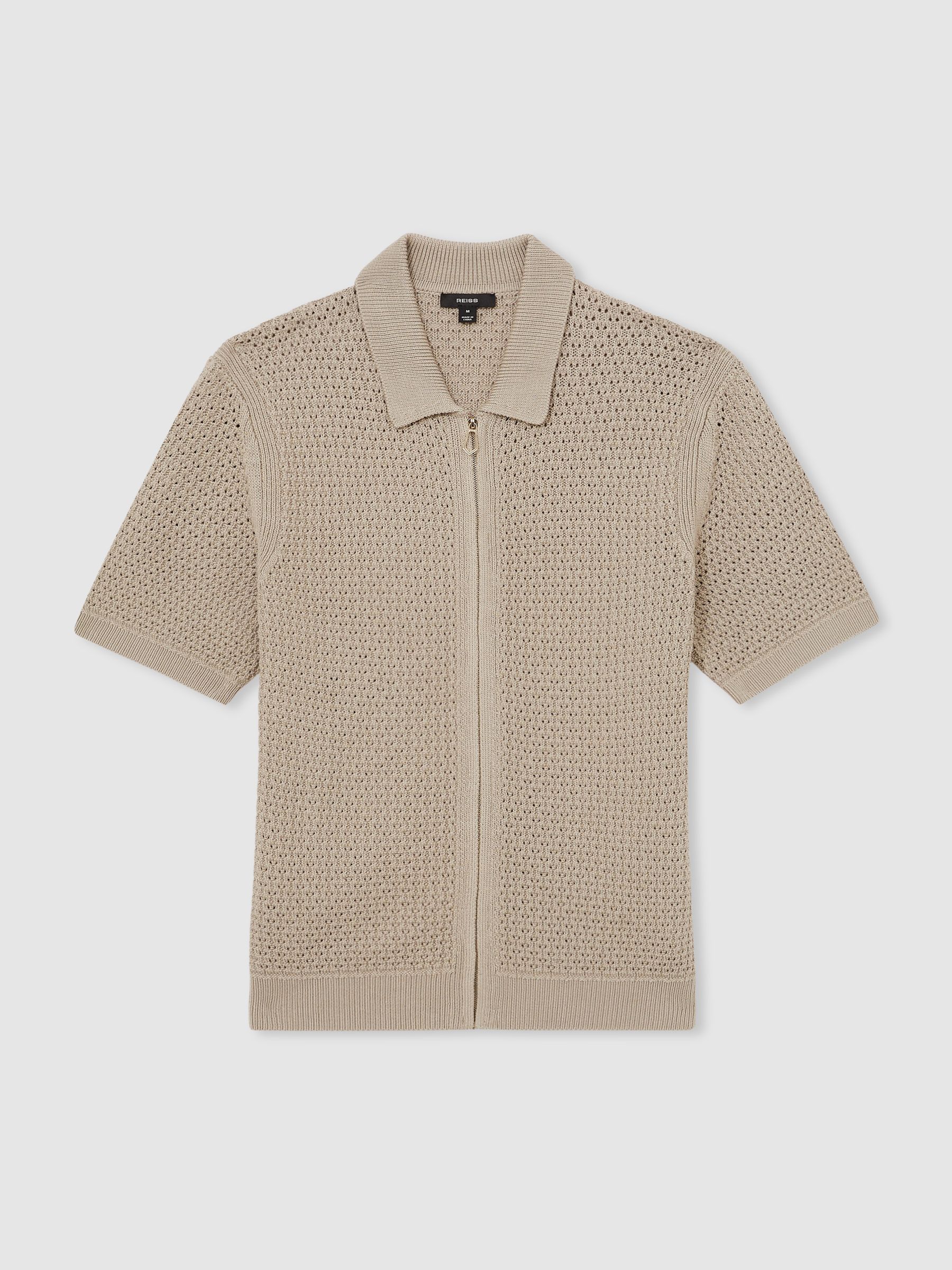 Textured-Knit Zip-Through Shirt in Stone - Image 2 of 6