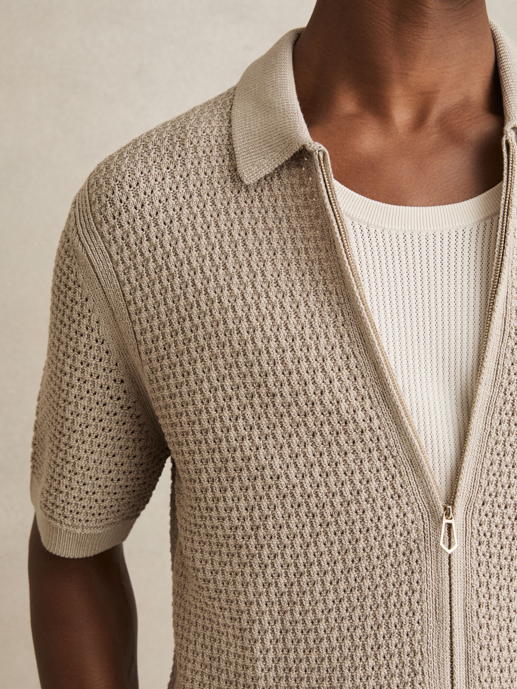 Textured-Knit Zip-Through Shirt in Stone - Image 4 of 6