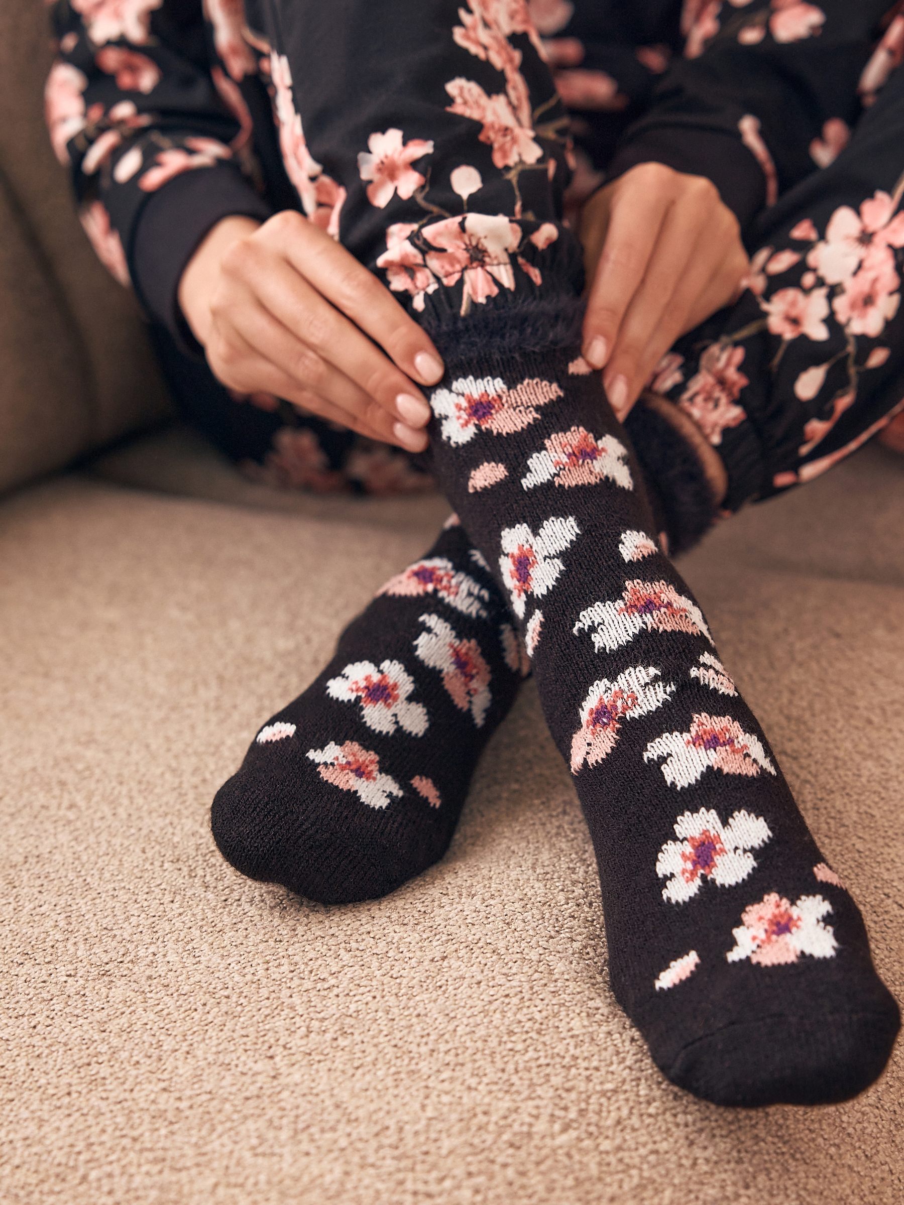 Black Cherry Blossom Fuzzy Socks - Image 1 of 7