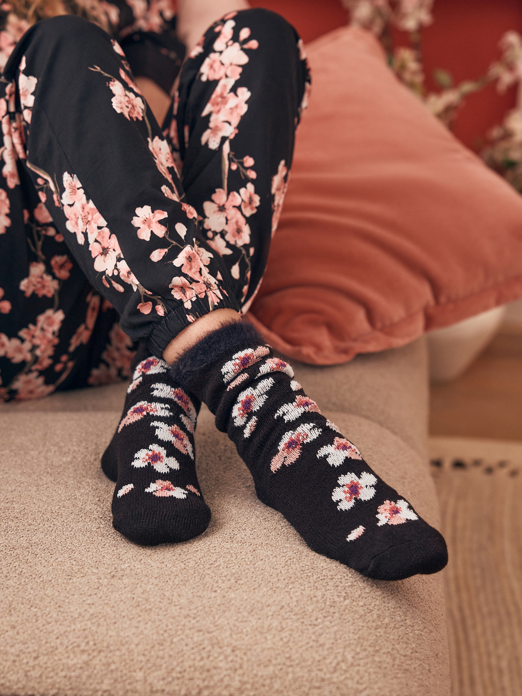 Black Cherry Blossom Fuzzy Socks - Image 2 of 7