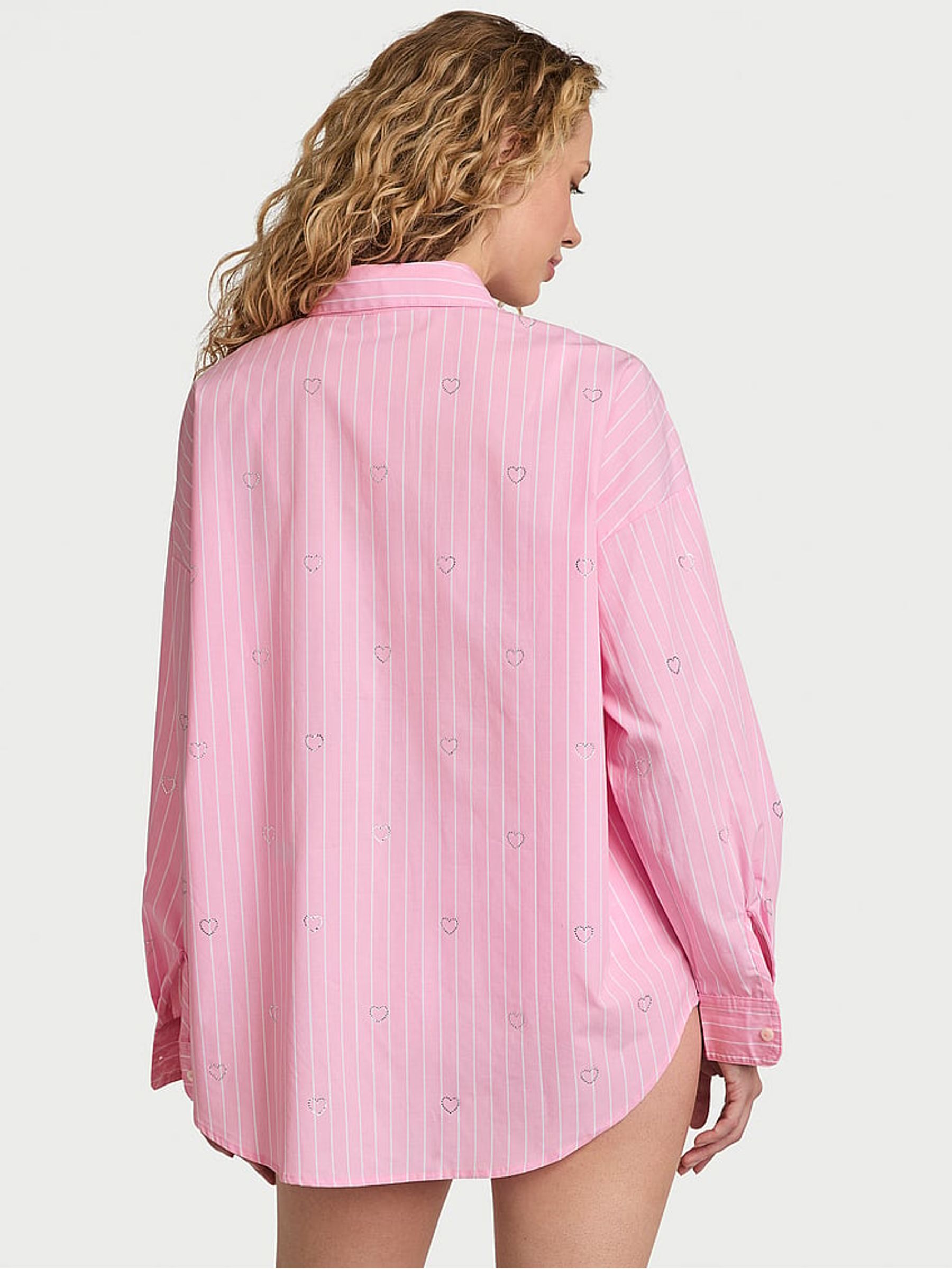 Parlour Rose Pink Stripe Cotton Diamante Pyjama Shirt - Image 2 of 3