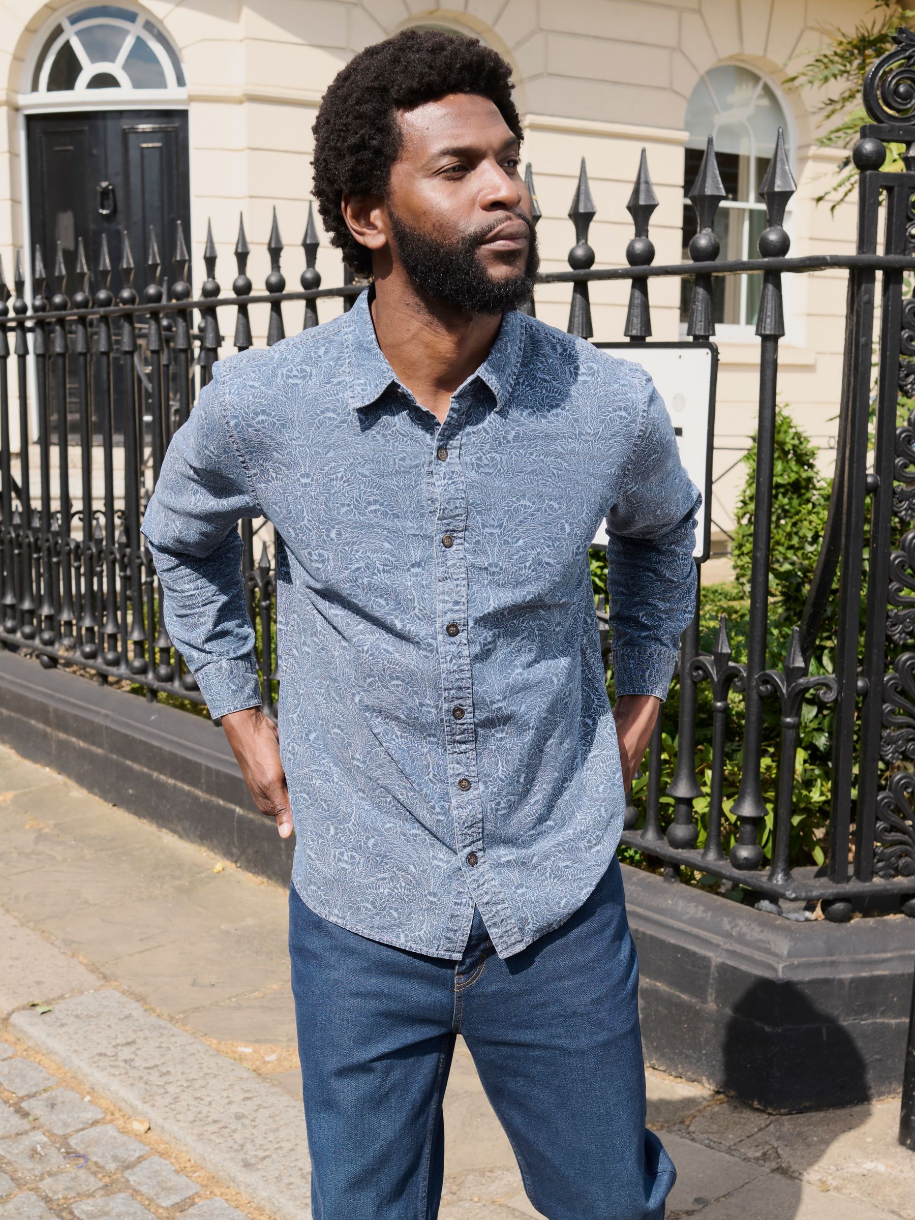 Chambray Blue Long Sleeve Floral Bouquet Print Shirt - Image 1 of 6