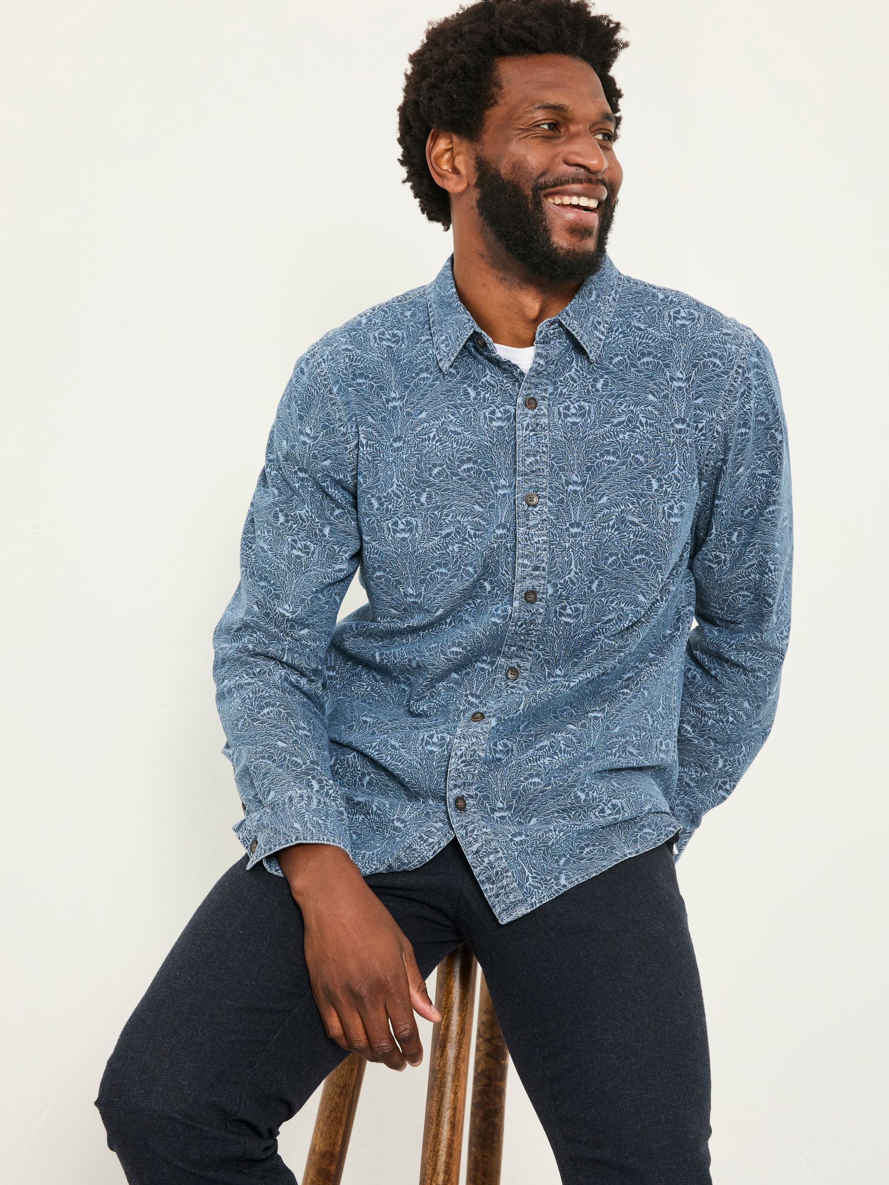 Chambray Blue Long Sleeve Floral Bouquet Print Shirt - Image 5 of 6