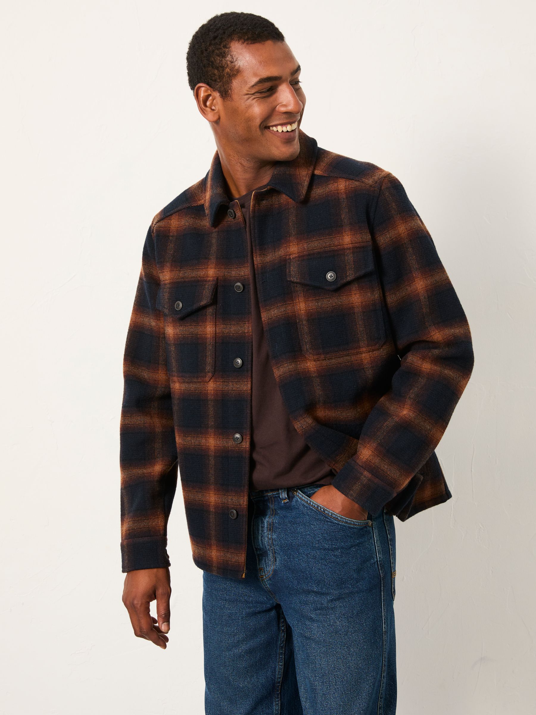 Milton Navy Bonded Fabric Check Overshirt | FatFace USA