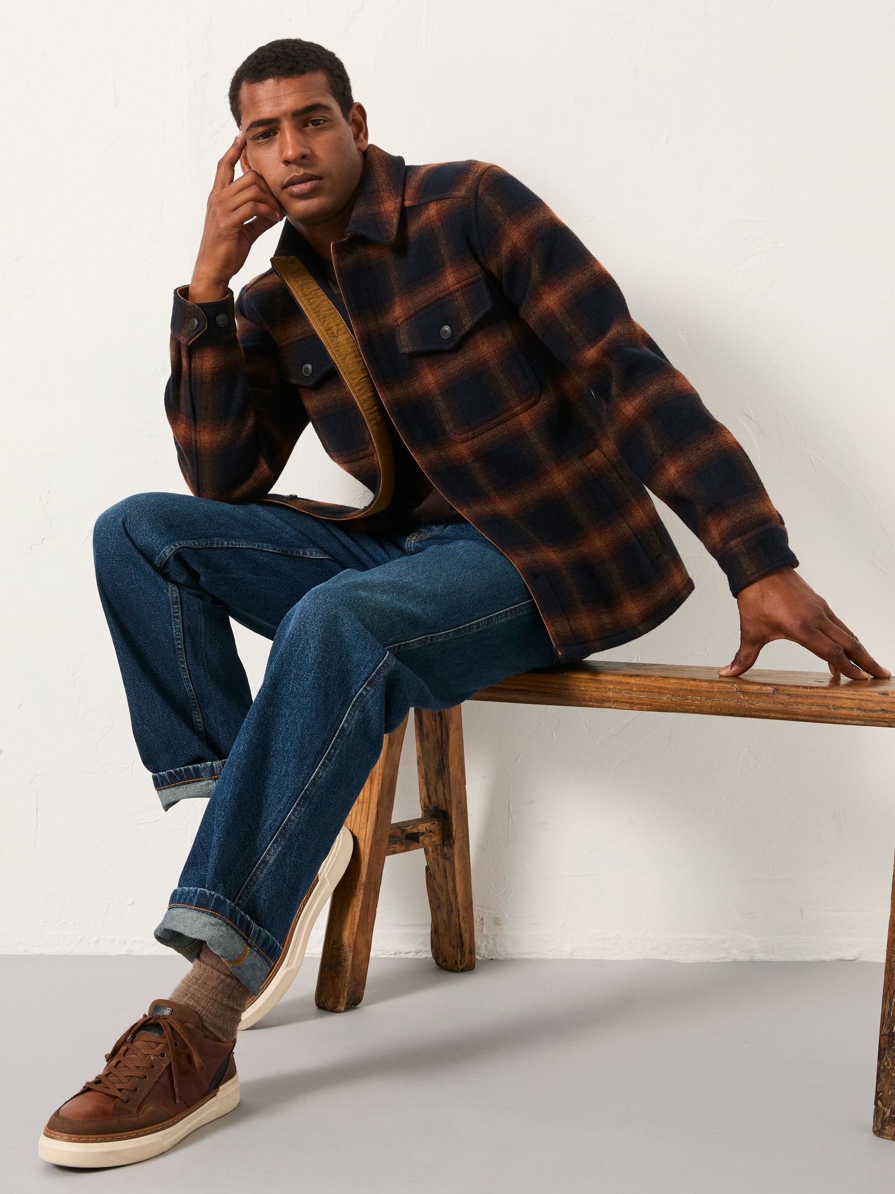 Milton Navy Bonded Fabric Check Overshirt | FatFace USA
