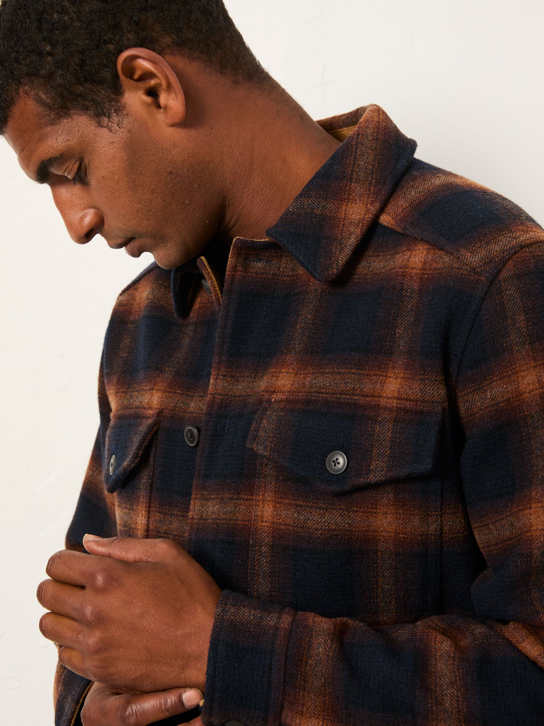 Milton Navy Bonded Fabric Check Overshirt | FatFace USA
