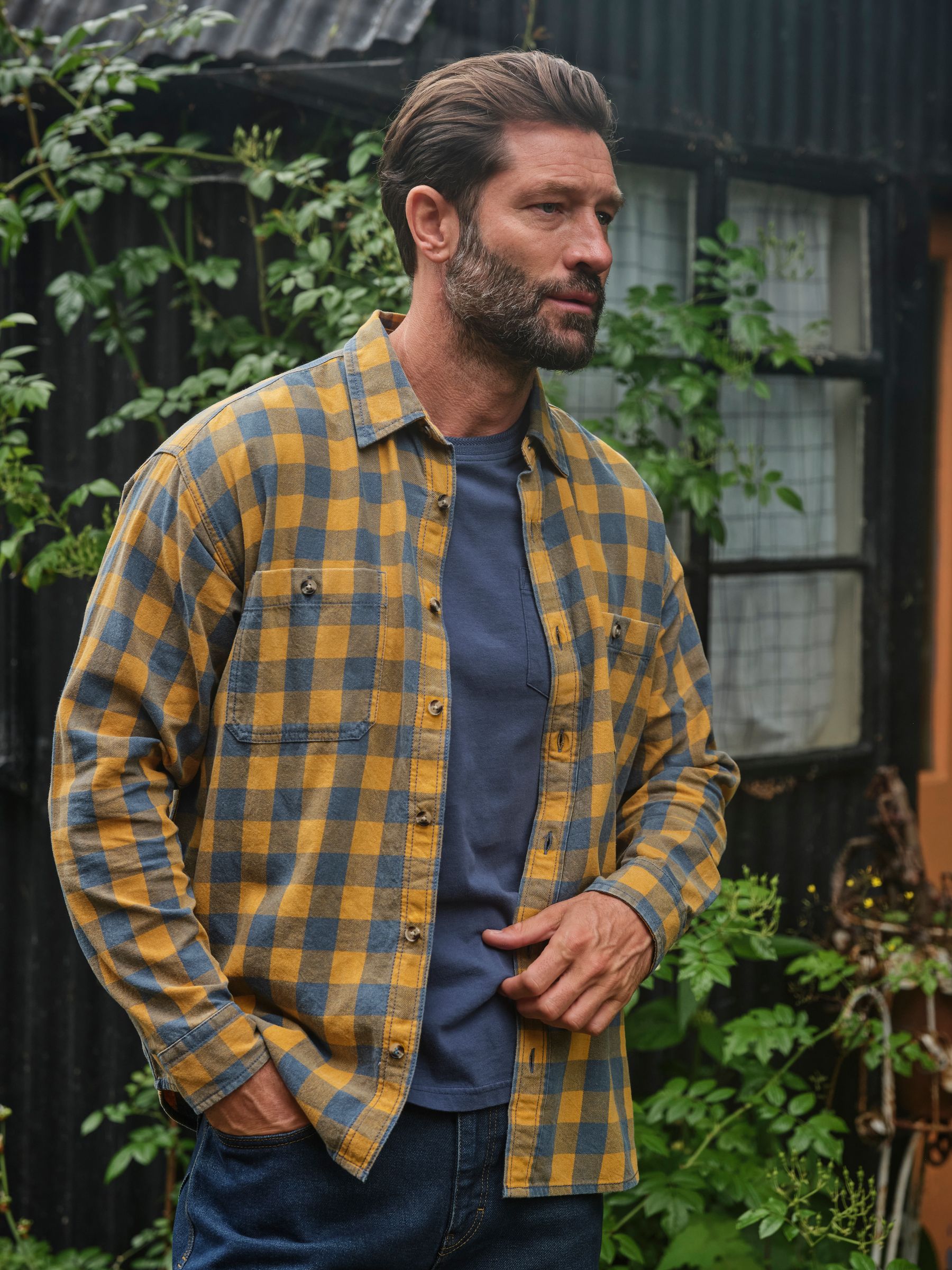 Thursby Ochre Yellow Long Sleeve Relaxed Fit Gingham Shirt