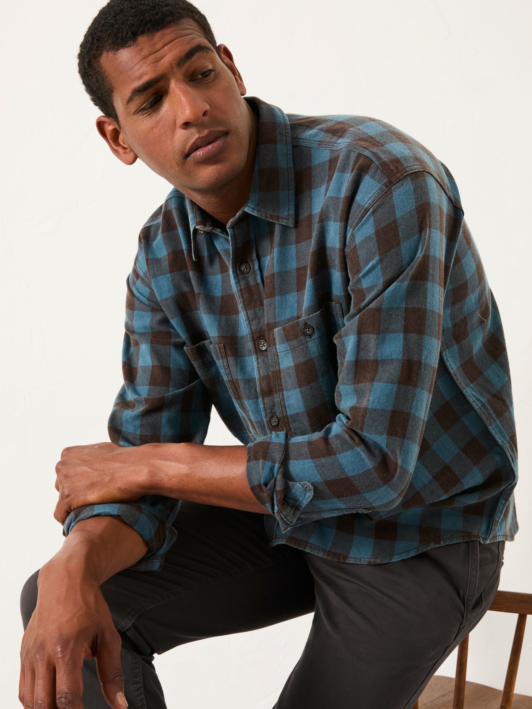 Thursby Mid Blue Long Sleeve Relaxed Fit Gingham Shirt - Image 4 of 5