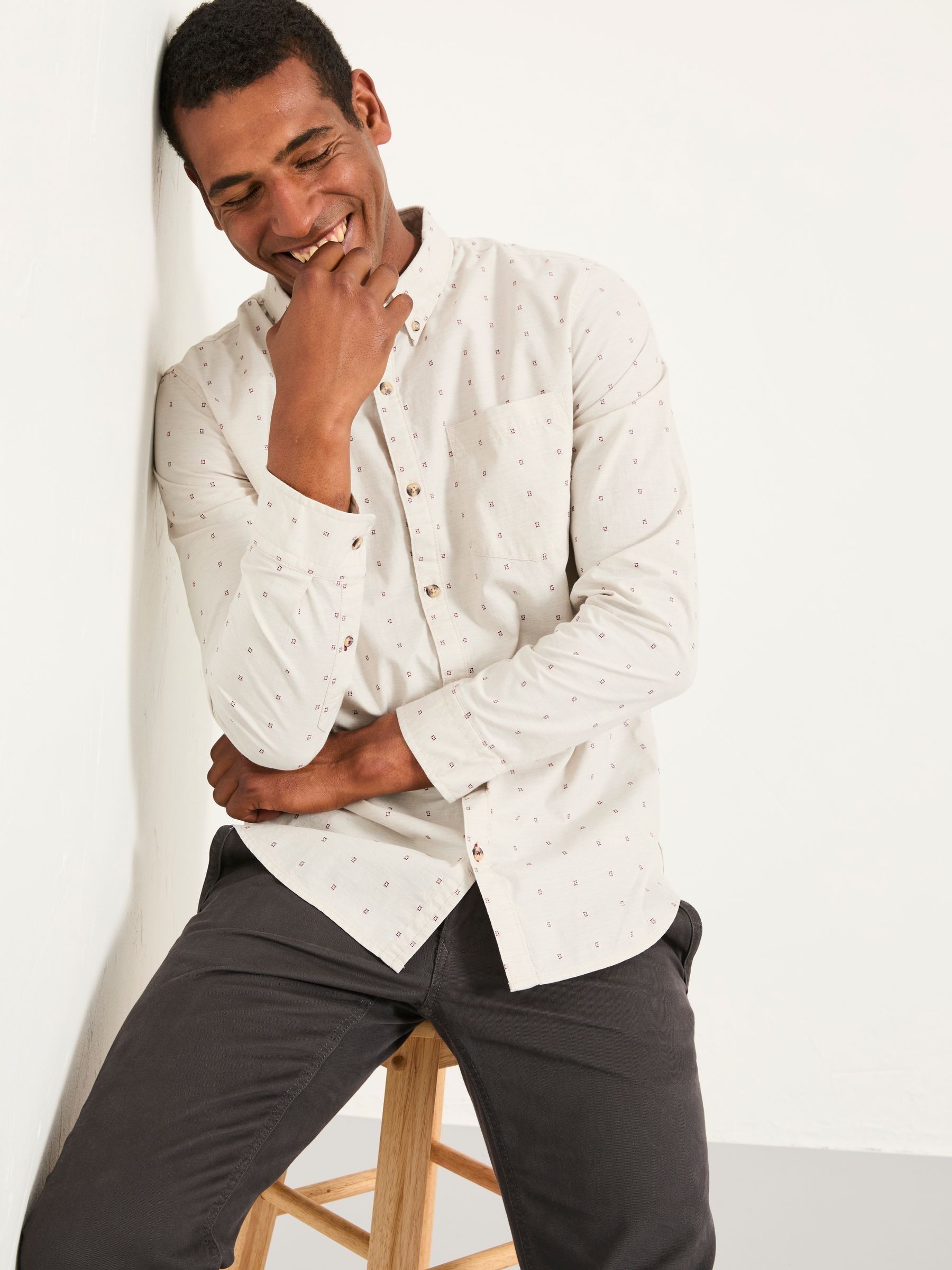 Oatmeal Long Sleeve Dobby Pattern Shirt | FatFace USA