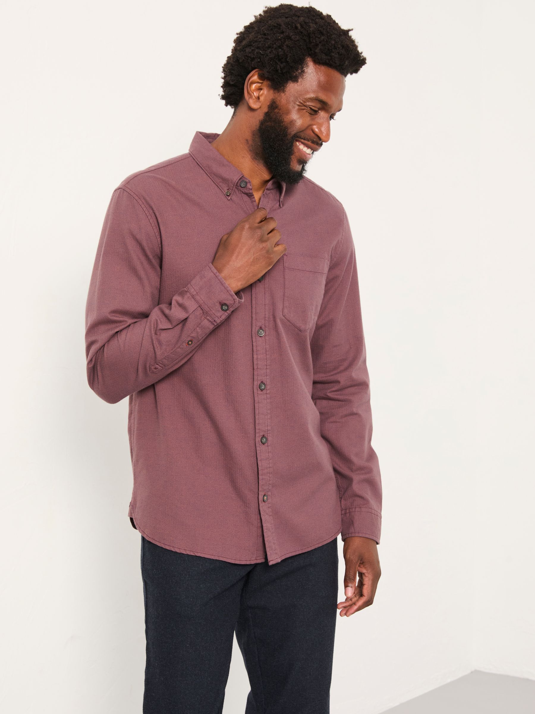 Tadlow Burgundy Red Long Sleeve Herringbone Shirt - Image 1 of 5