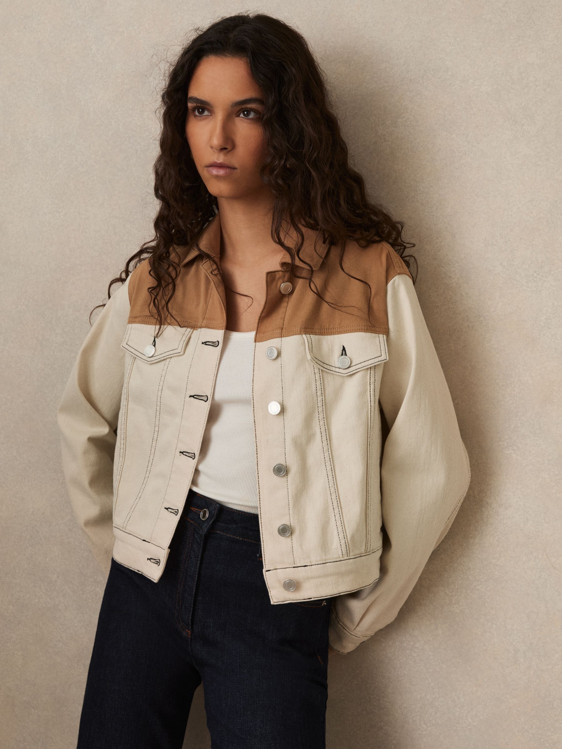 Colour-Block Denim Jacket in Ecru - Image 1 of 6